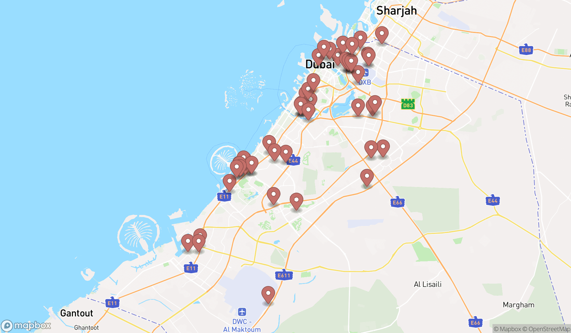 Map showing the search results in Dubai