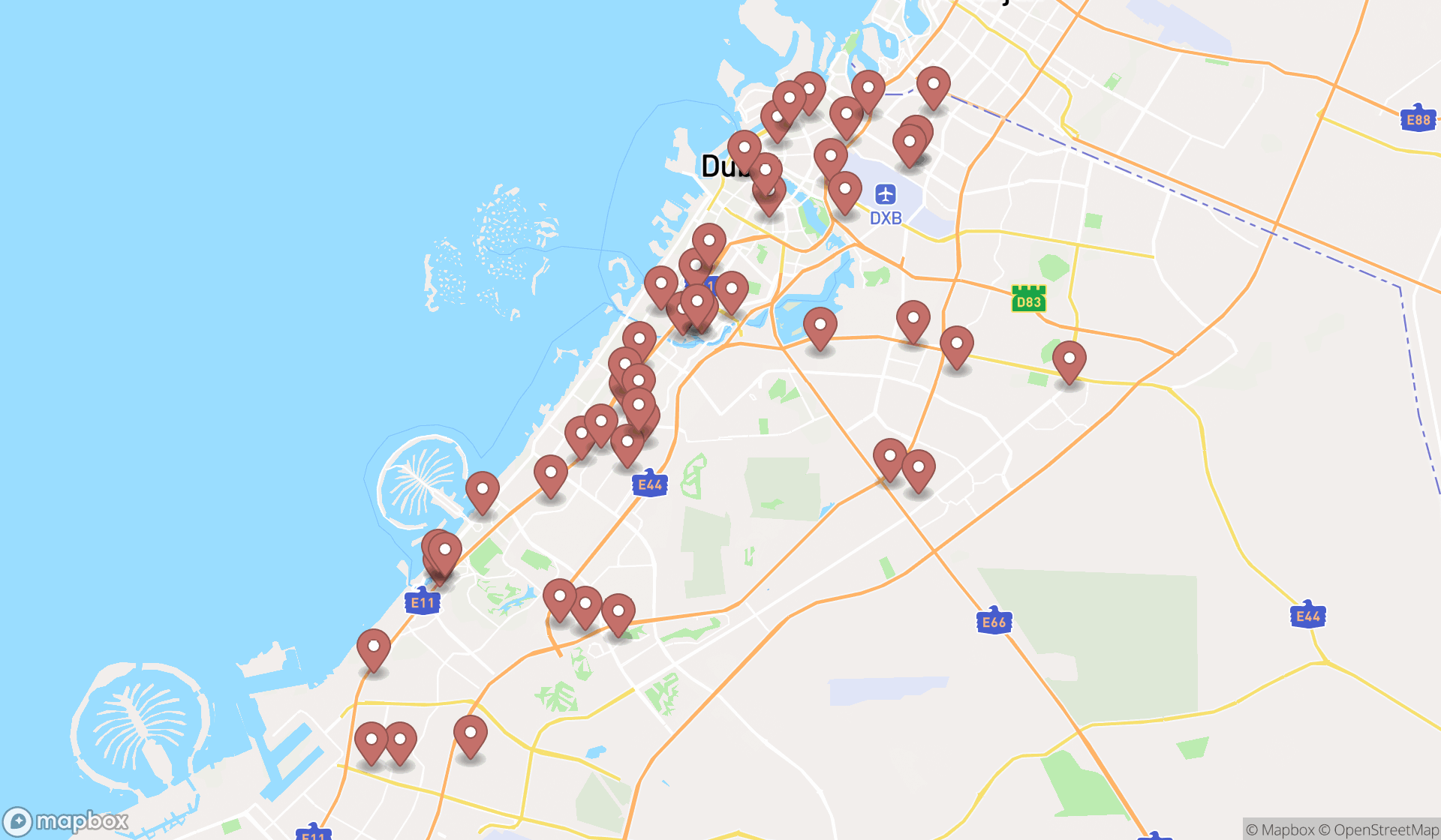 Map showing the search results in Dubai