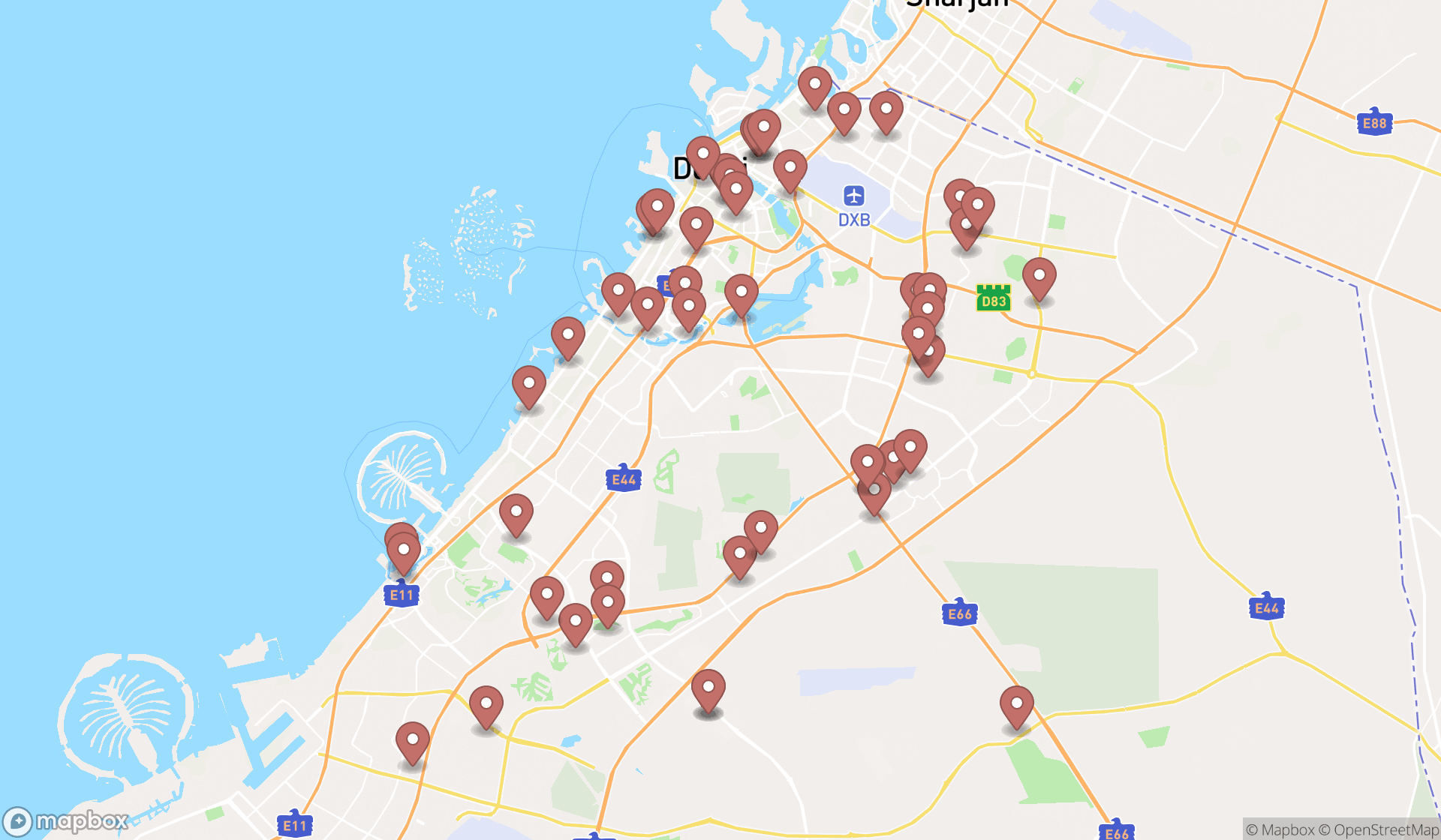 Map showing the search results in Dubai