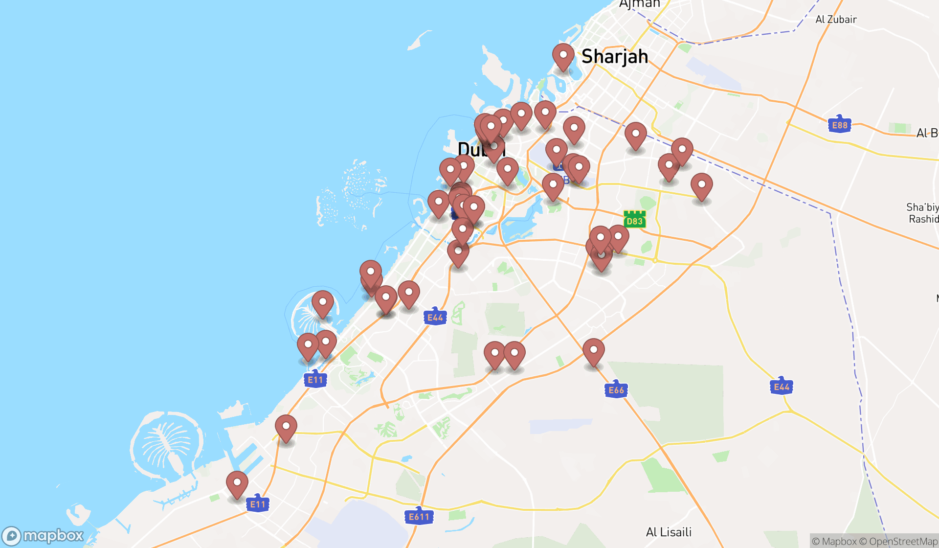 Map showing the search results in Dubai