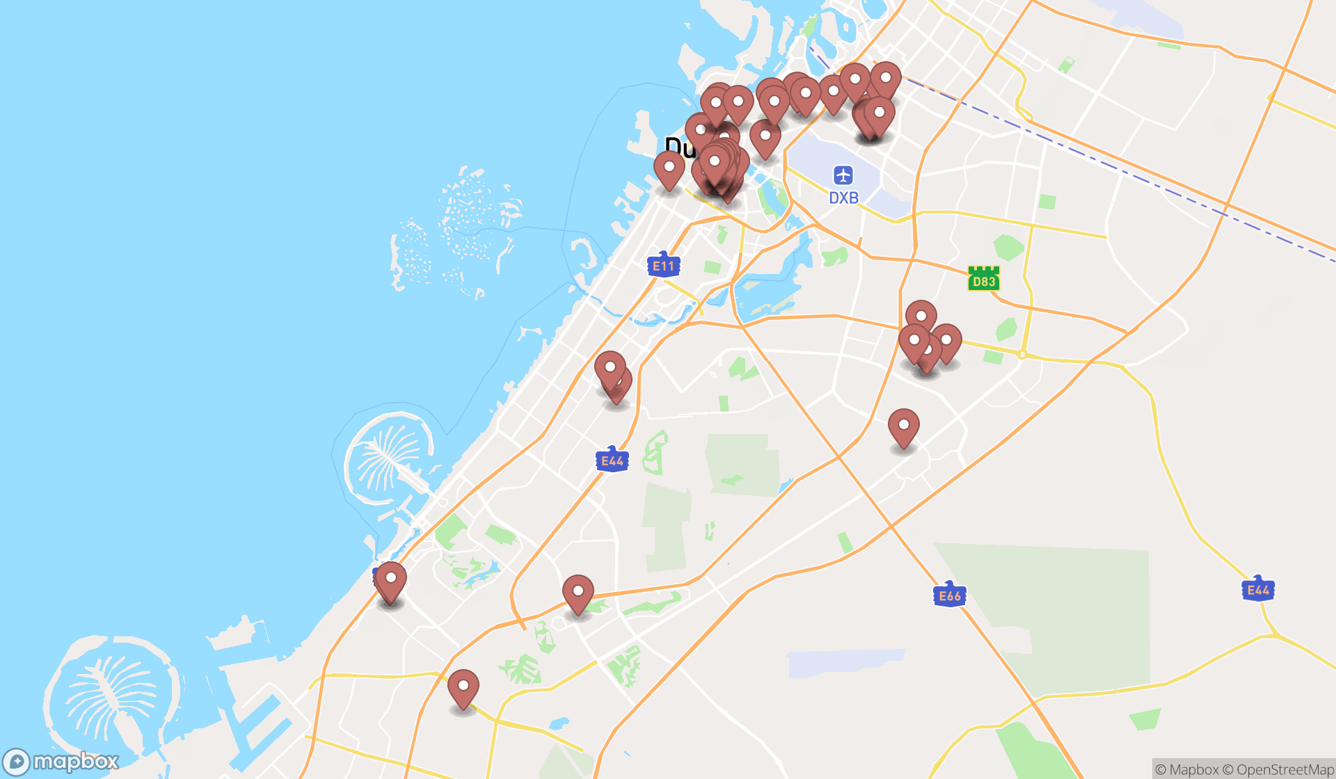 Map showing the search results in Dubai