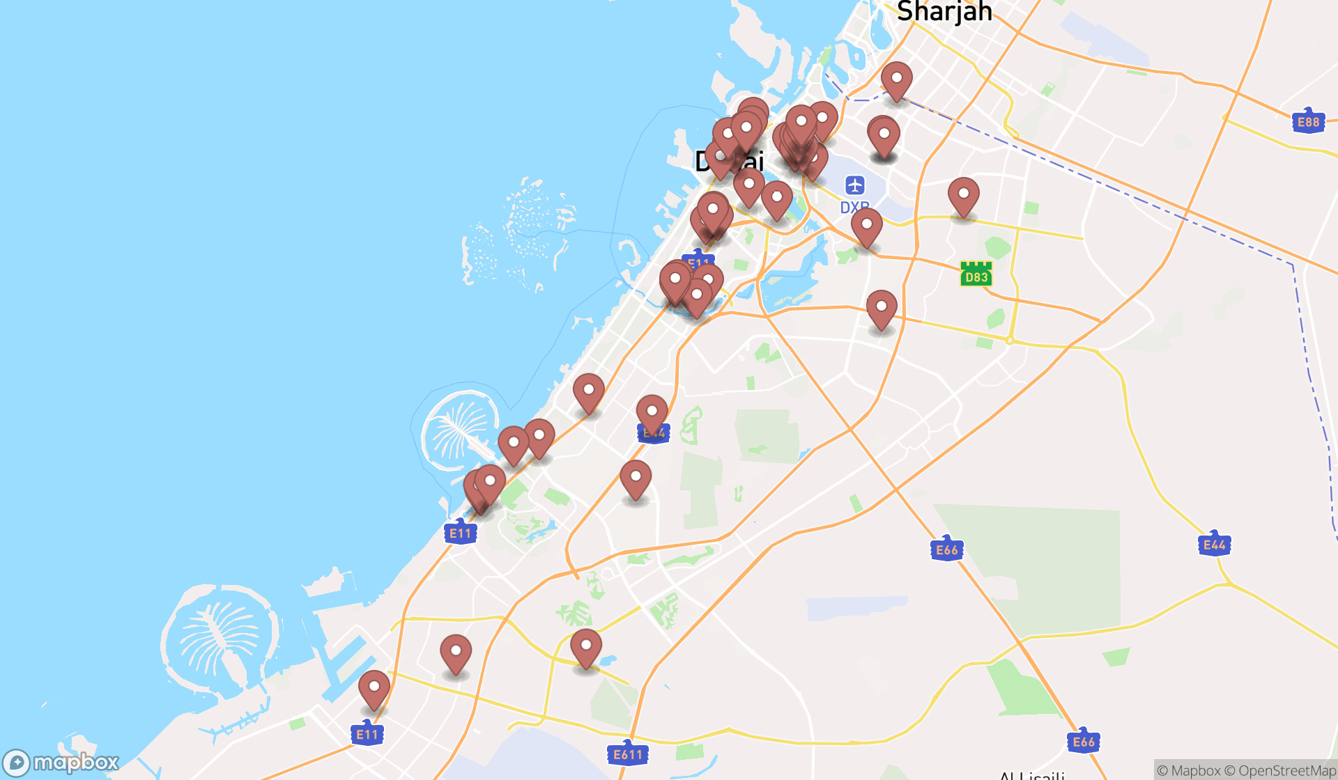 Map showing the search results in Dubai