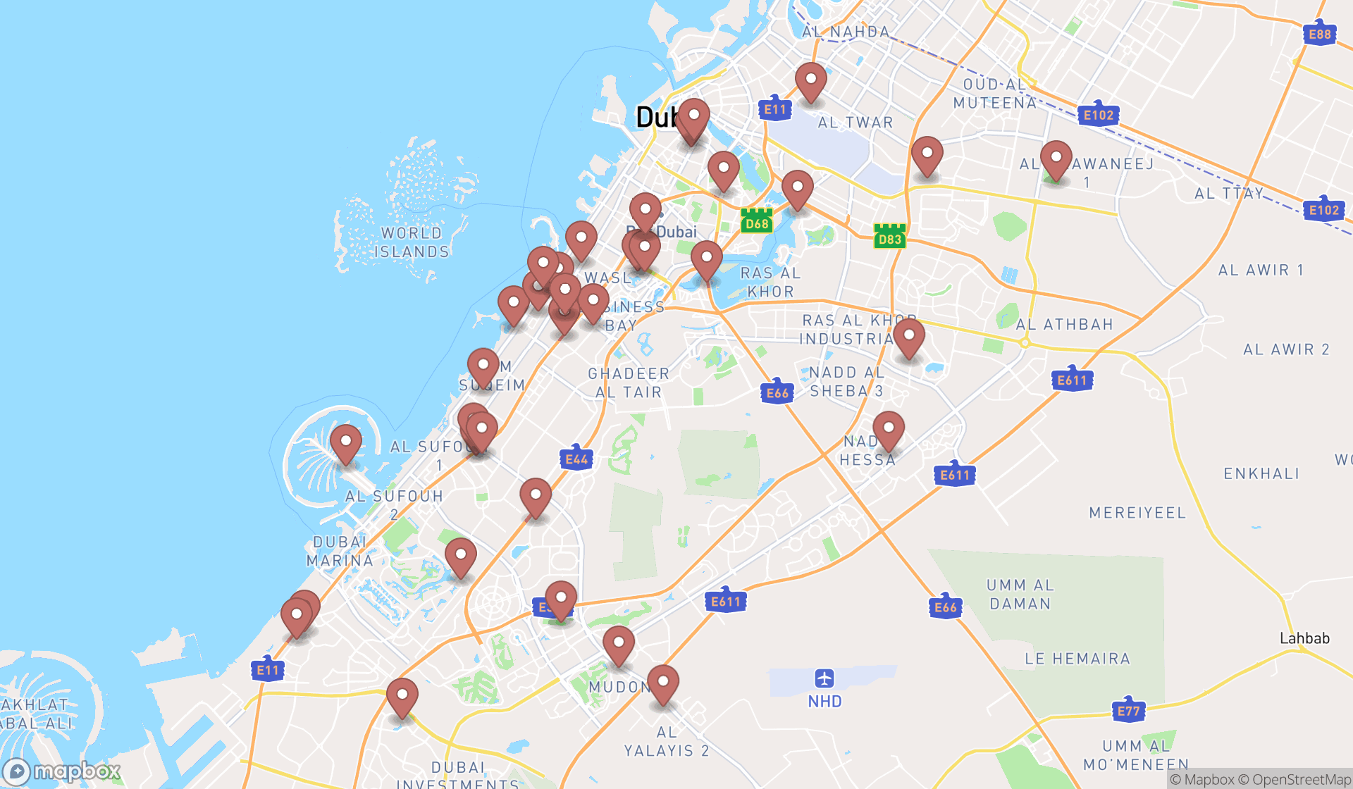 Map showing the search results in Dubai