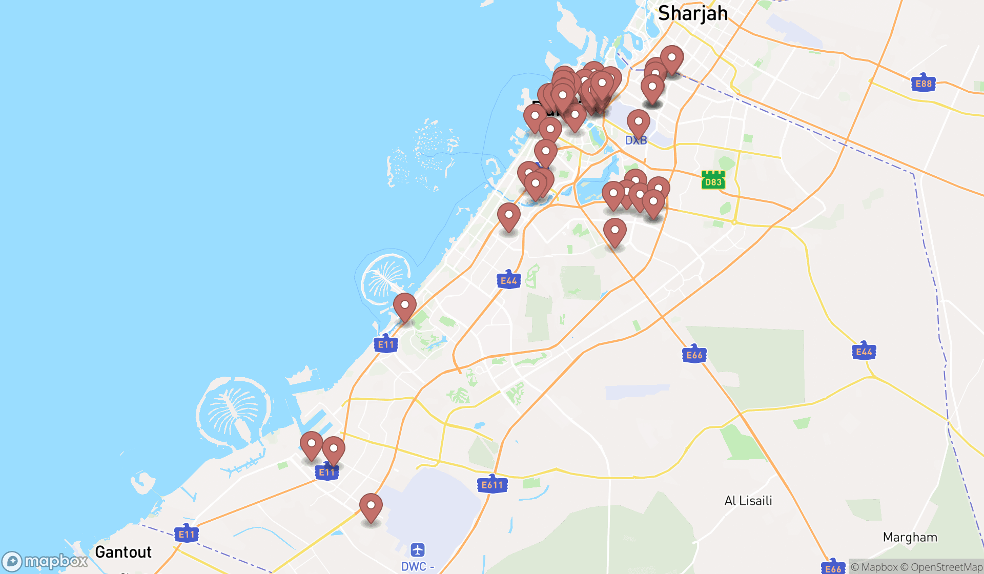 Map showing the search results in Dubai