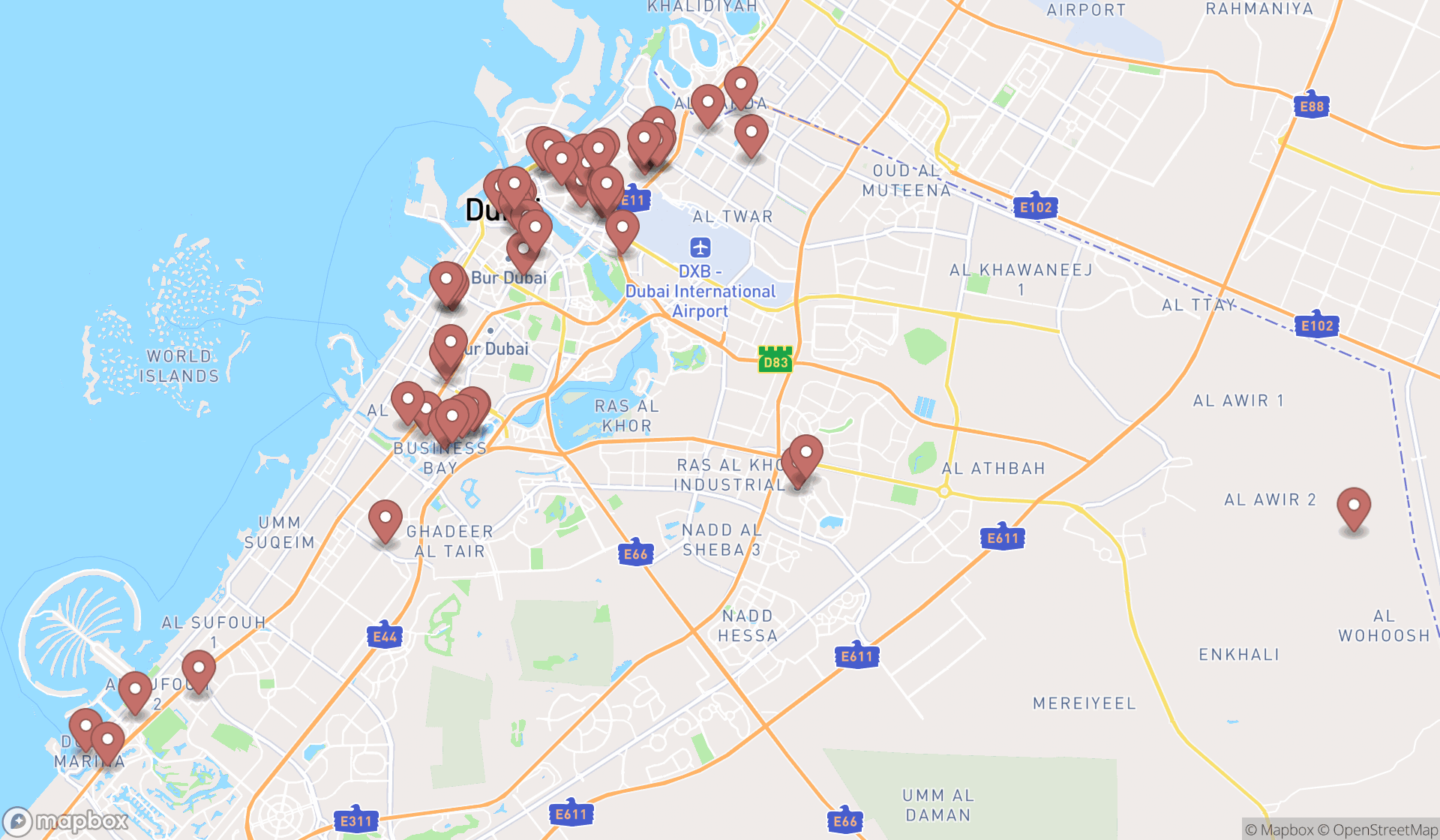 Map showing the search results in Dubai