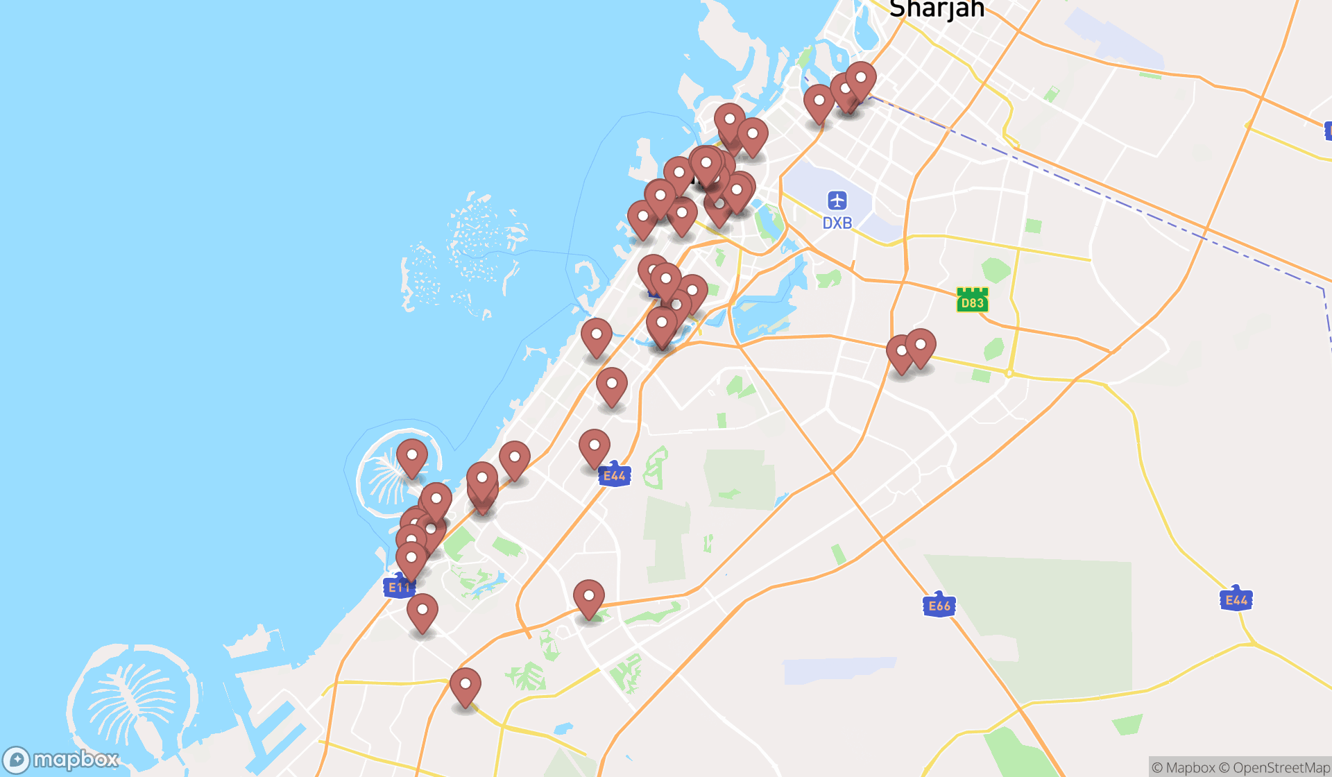 Map showing the search results in Dubai