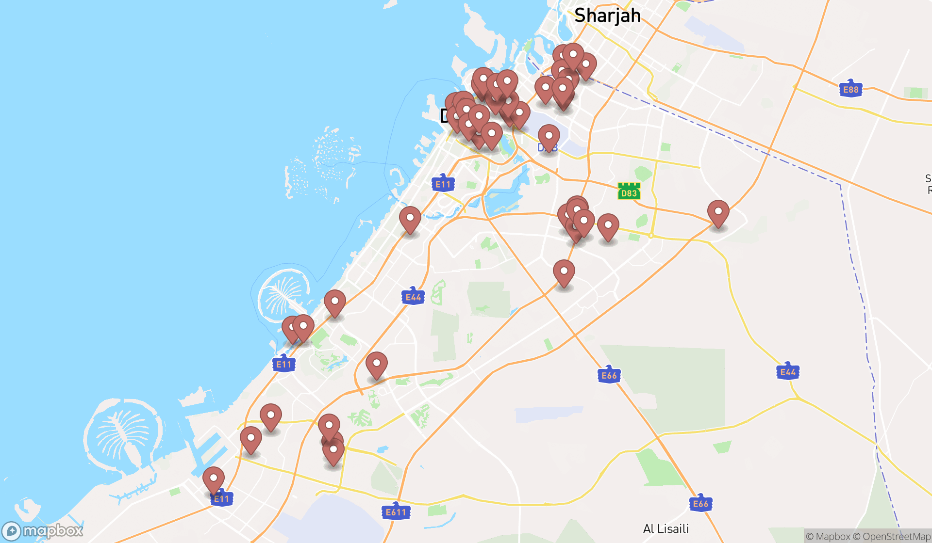 Map showing the search results in Dubai
