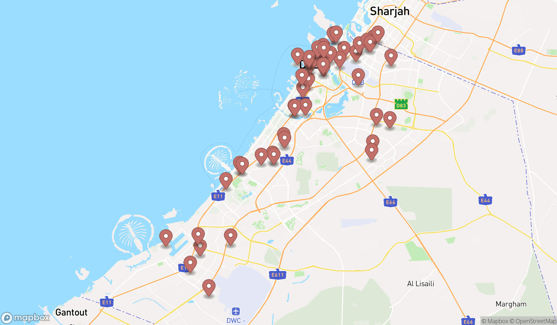 Map showing the search results in Dubai
