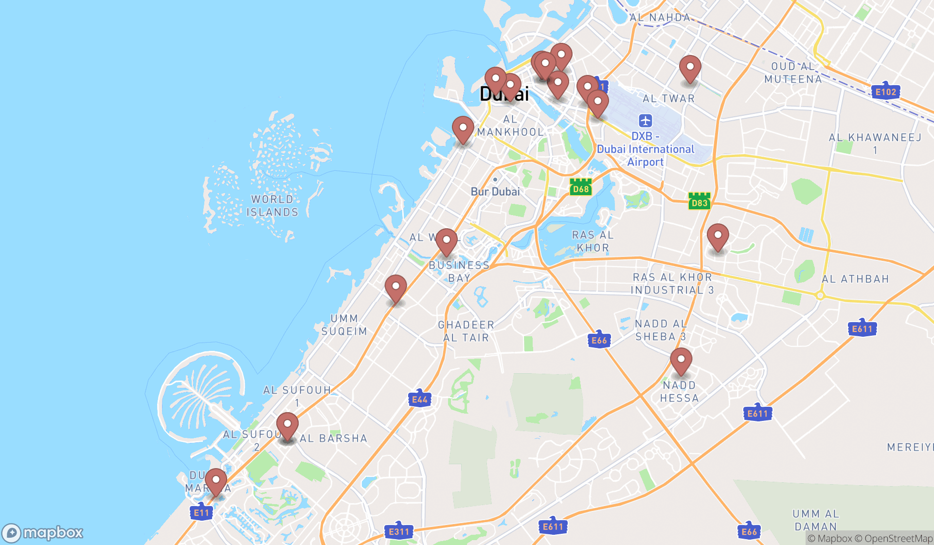 Map showing the search results in Dubai