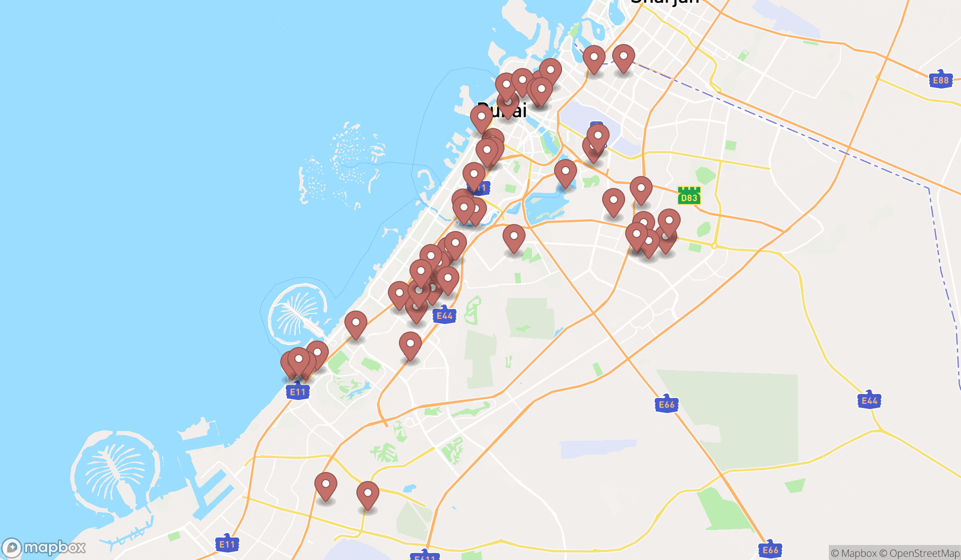 Map showing the search results in Dubai