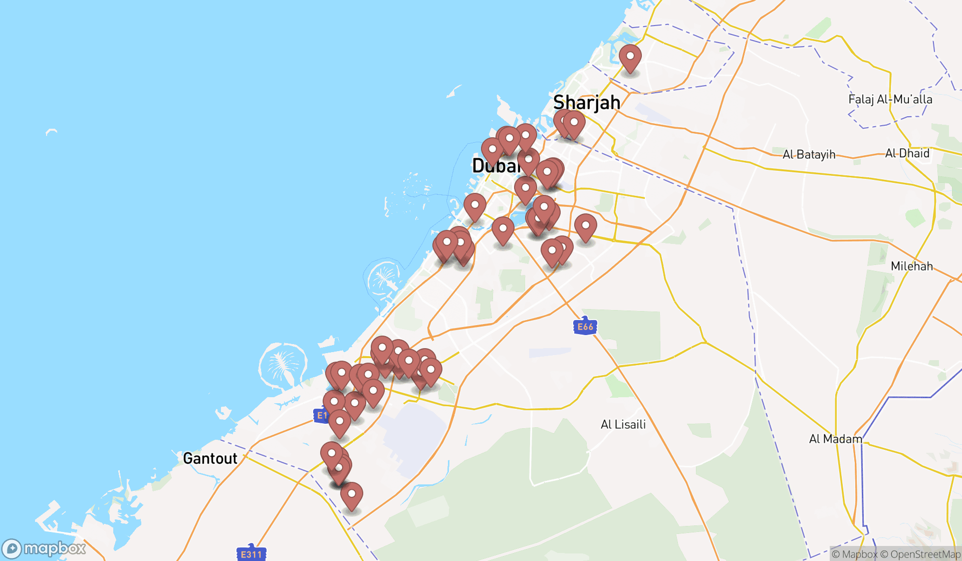 Map showing the search results in Dubai