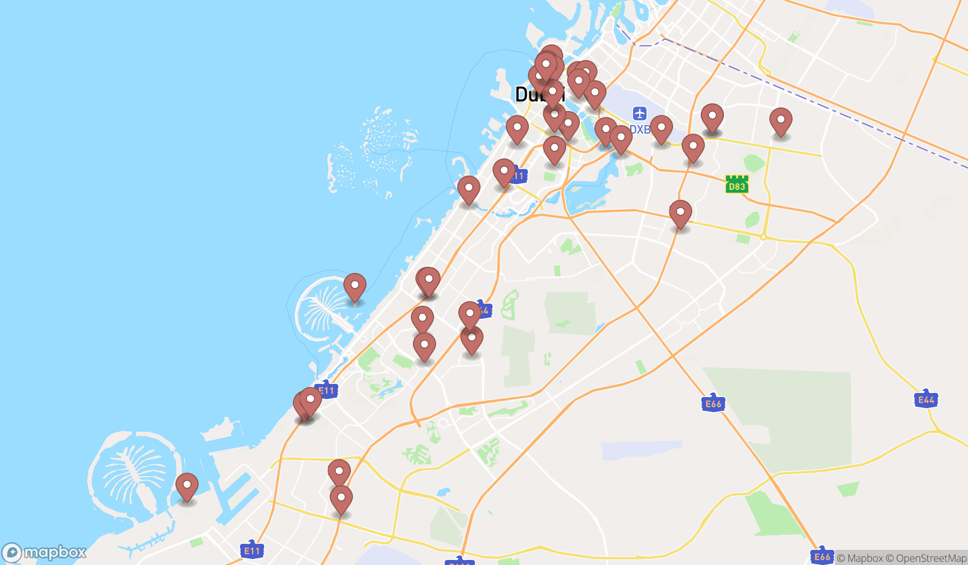 Map showing the search results in Dubai