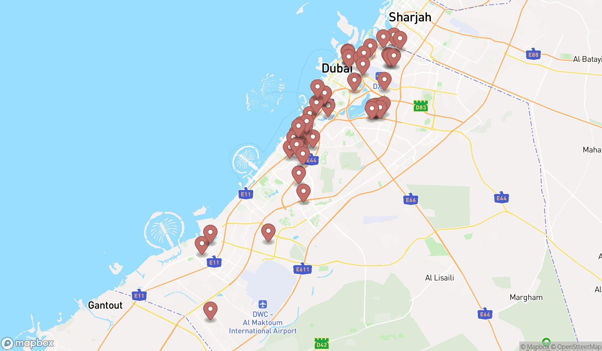 Map showing the search results in Dubai
