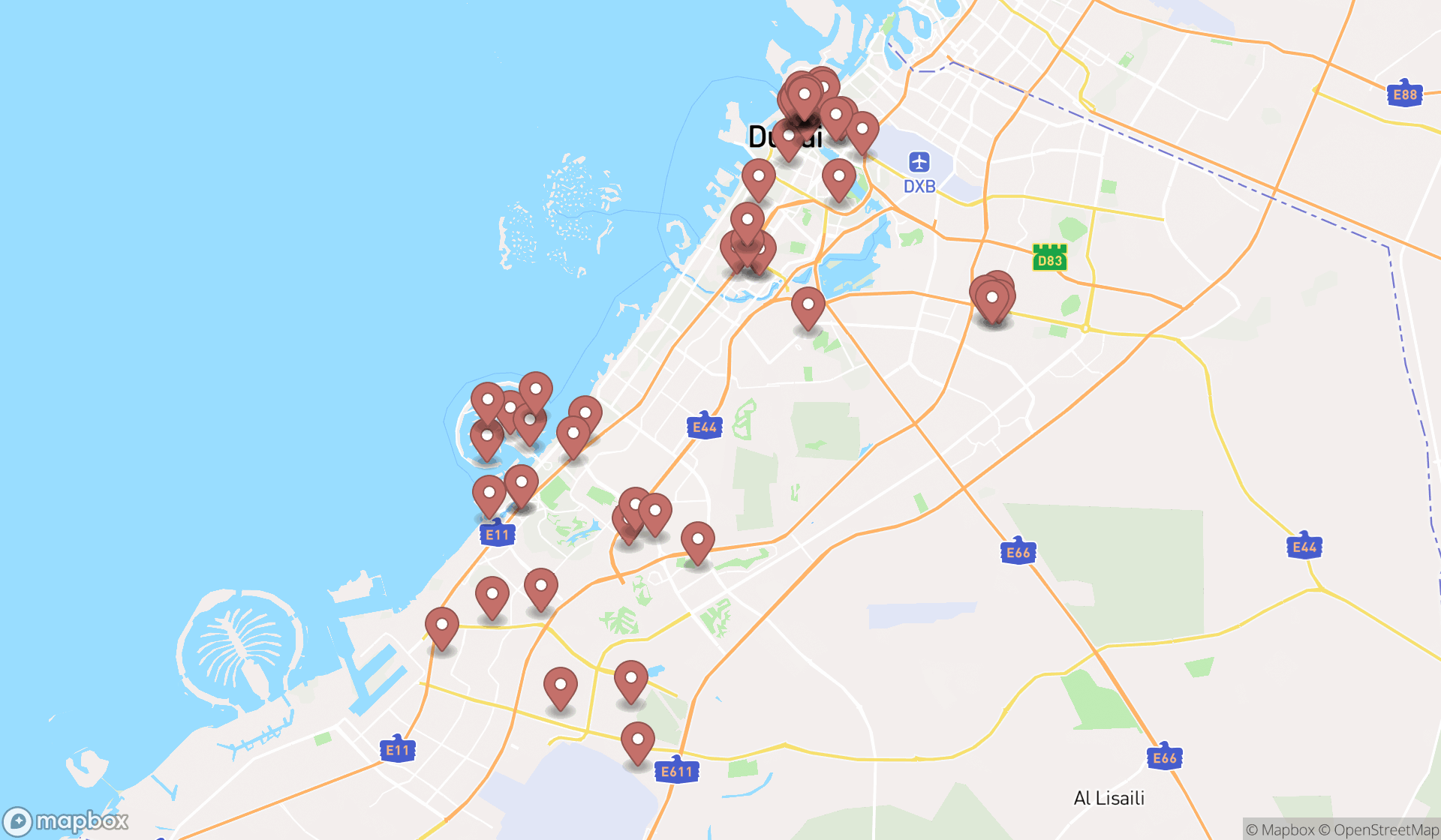 Map showing the search results in Dubai