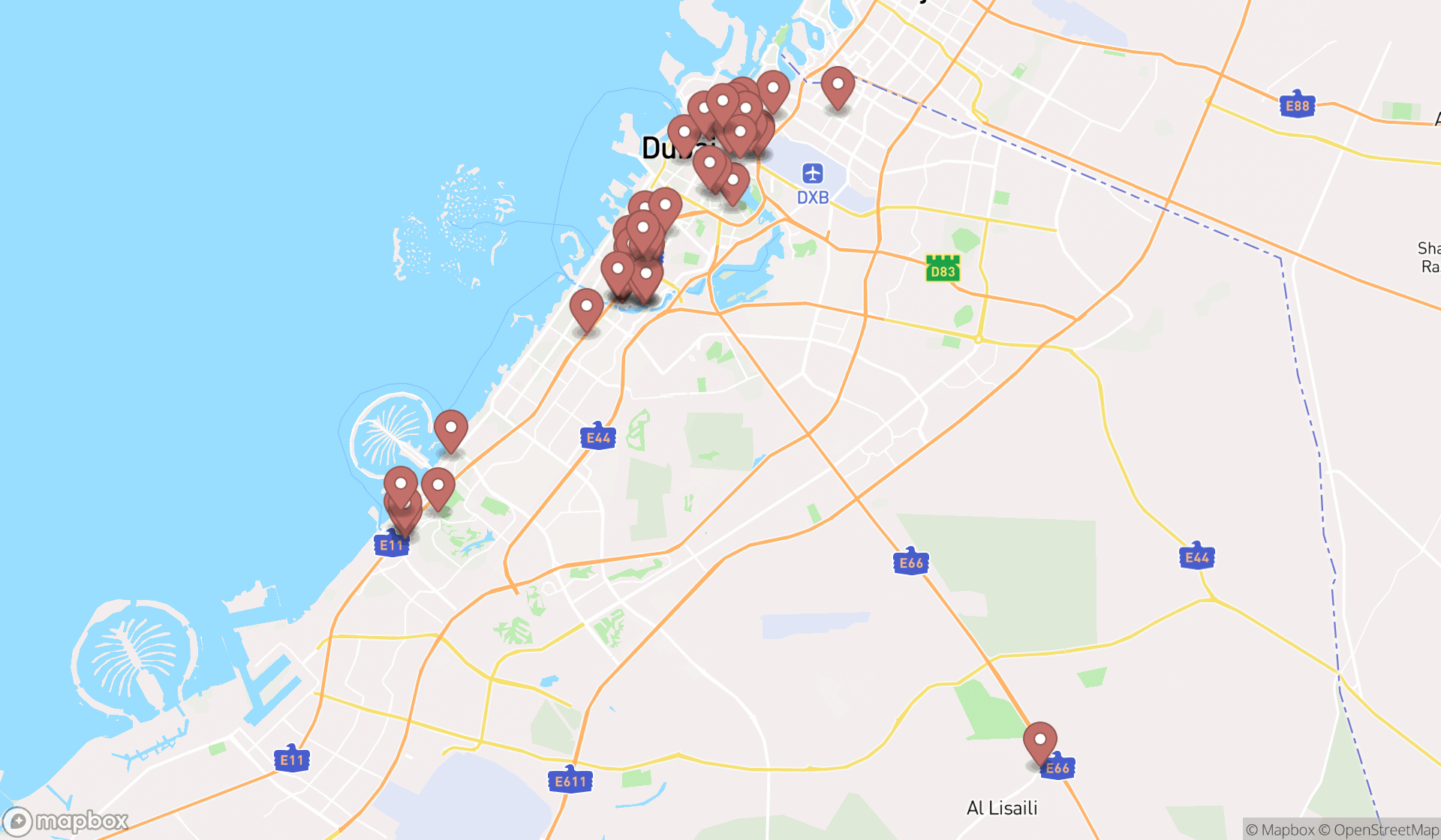 Map showing the search results in Dubai