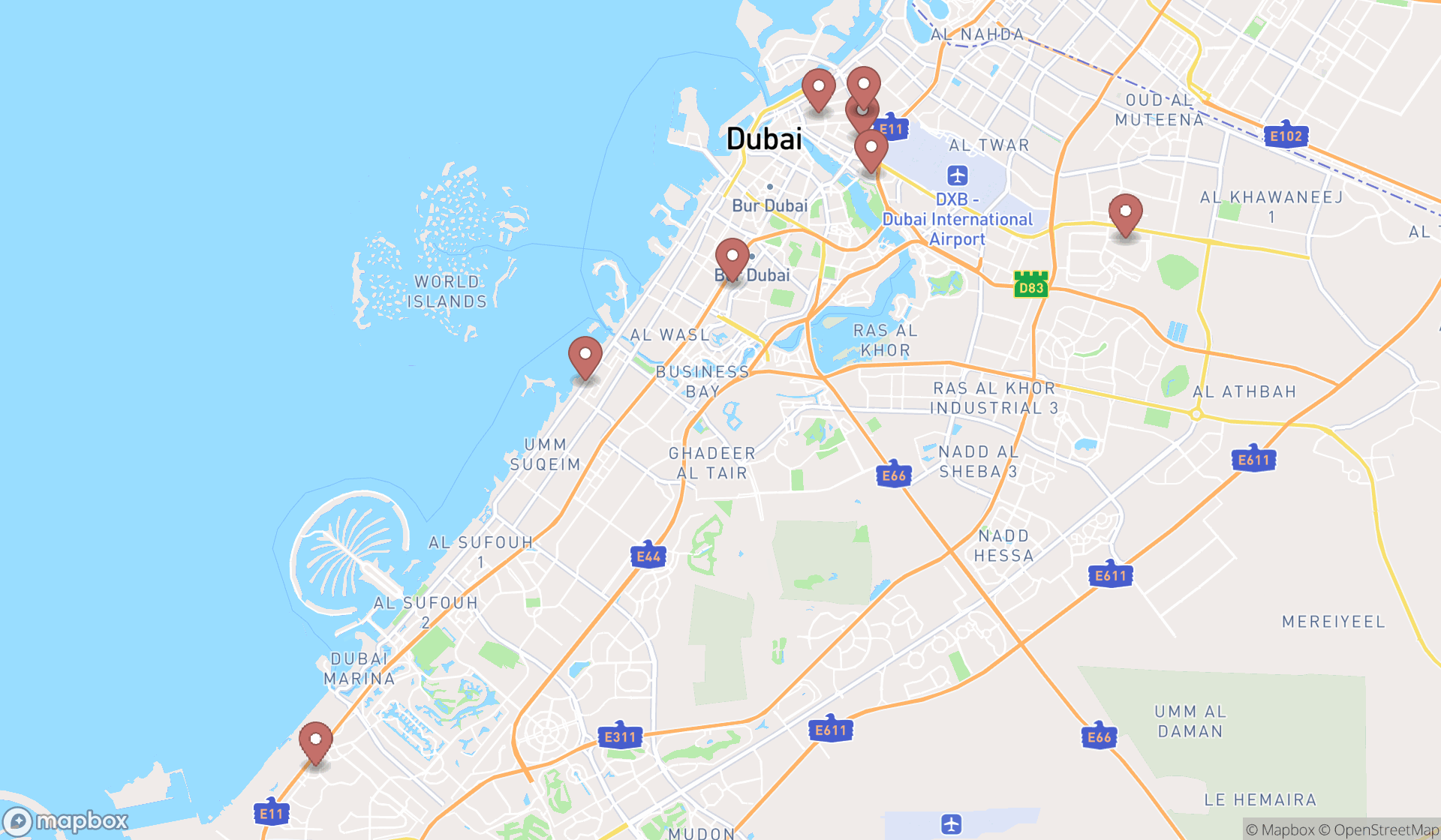 Map showing the search results in Dubai