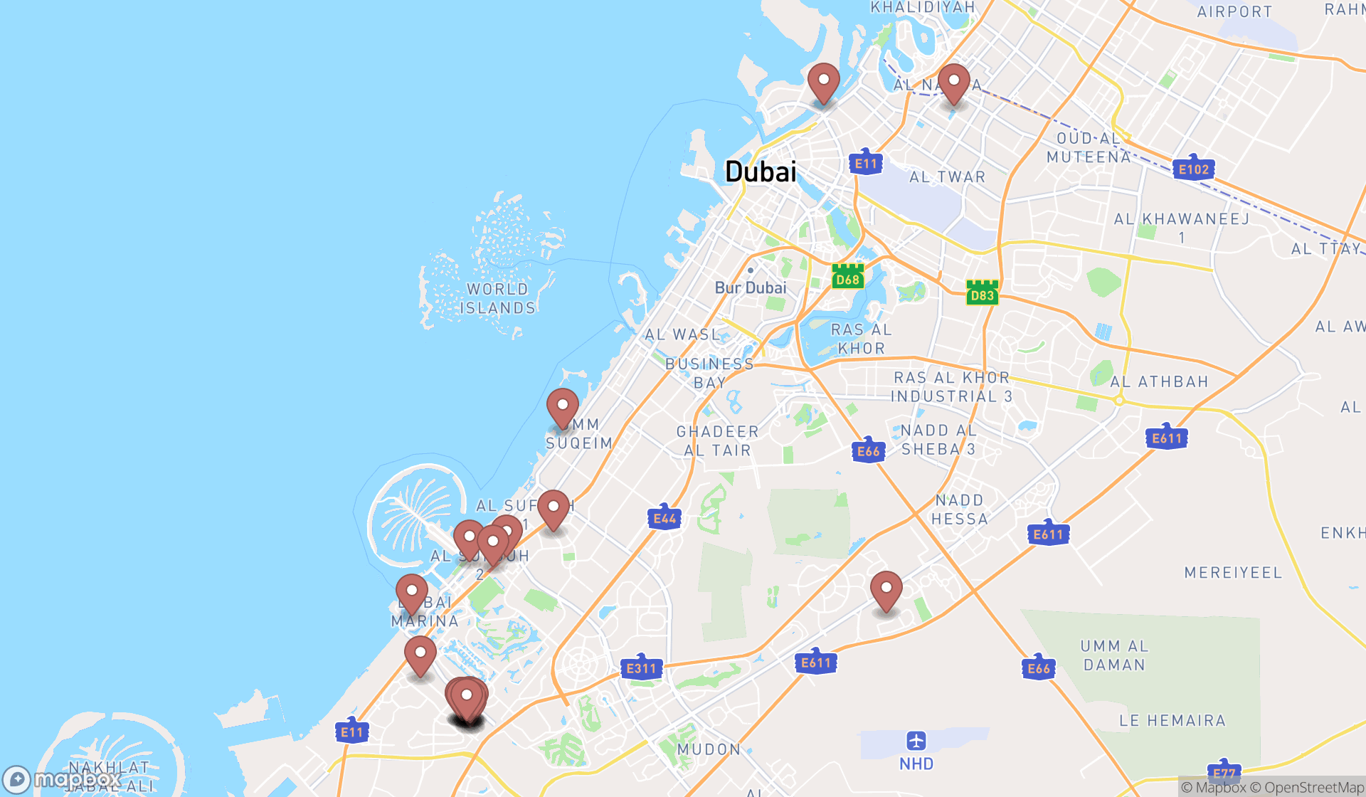 Map showing the search results in Dubai