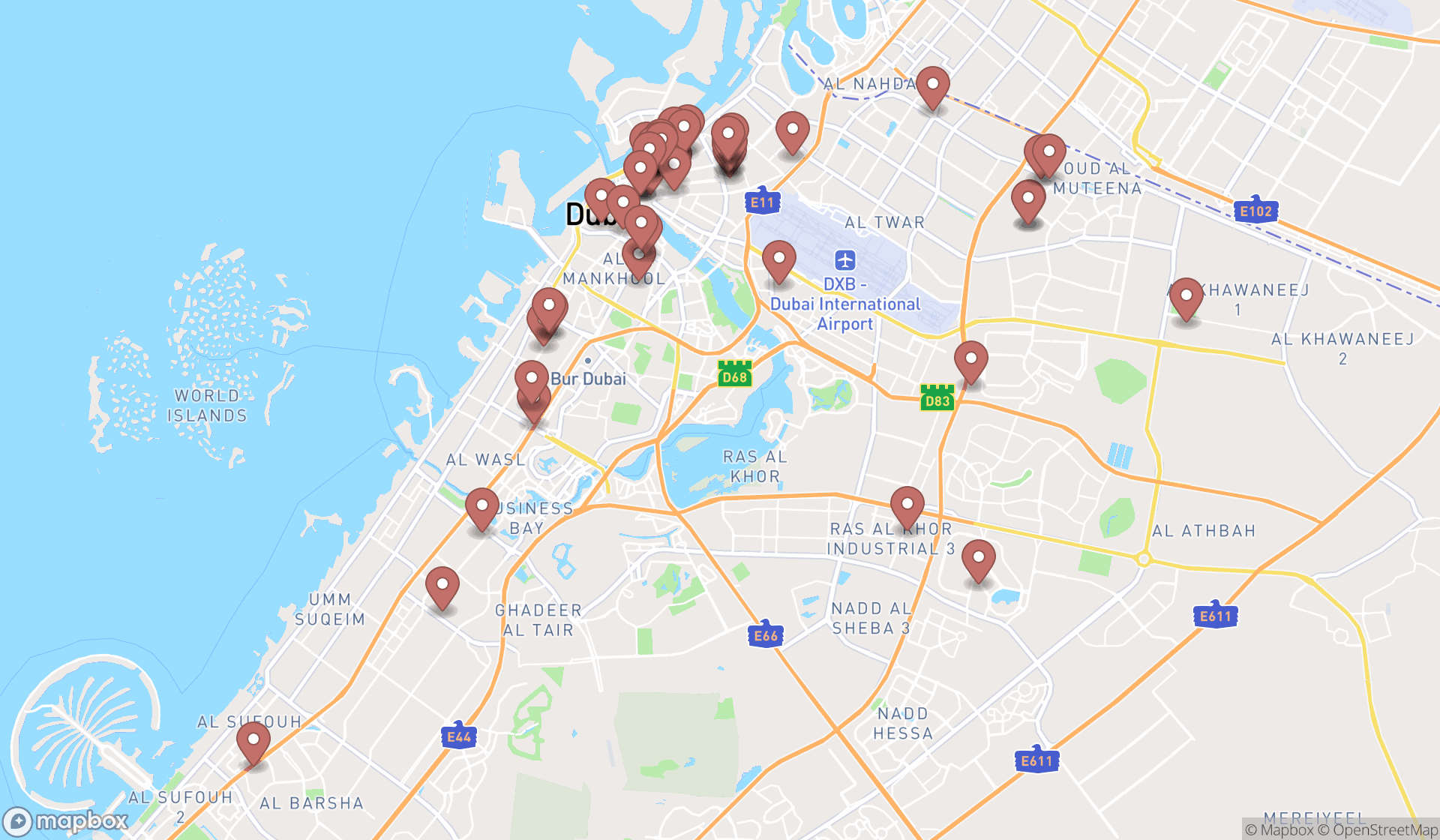 Map showing the search results in Dubai