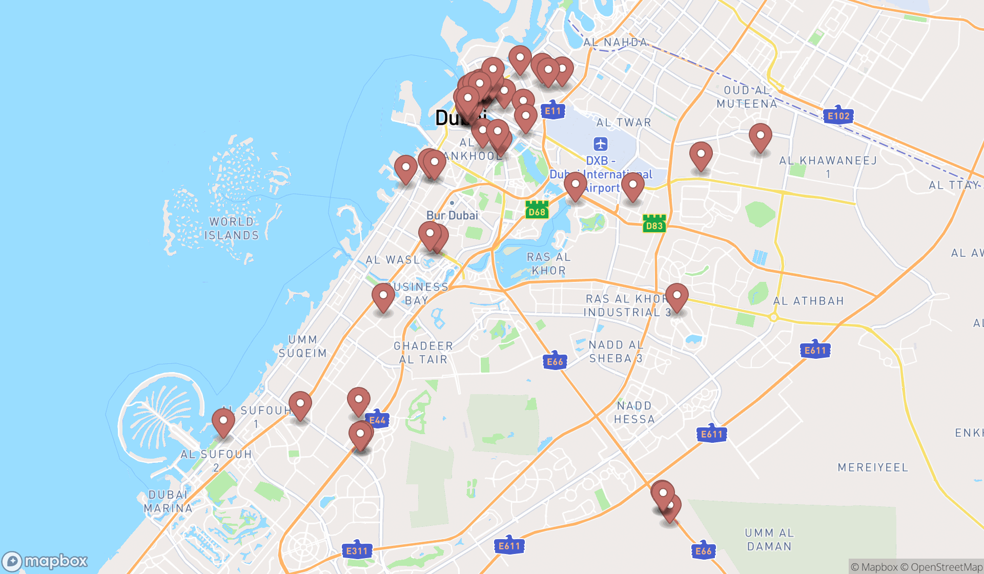 Map showing the search results in Dubai