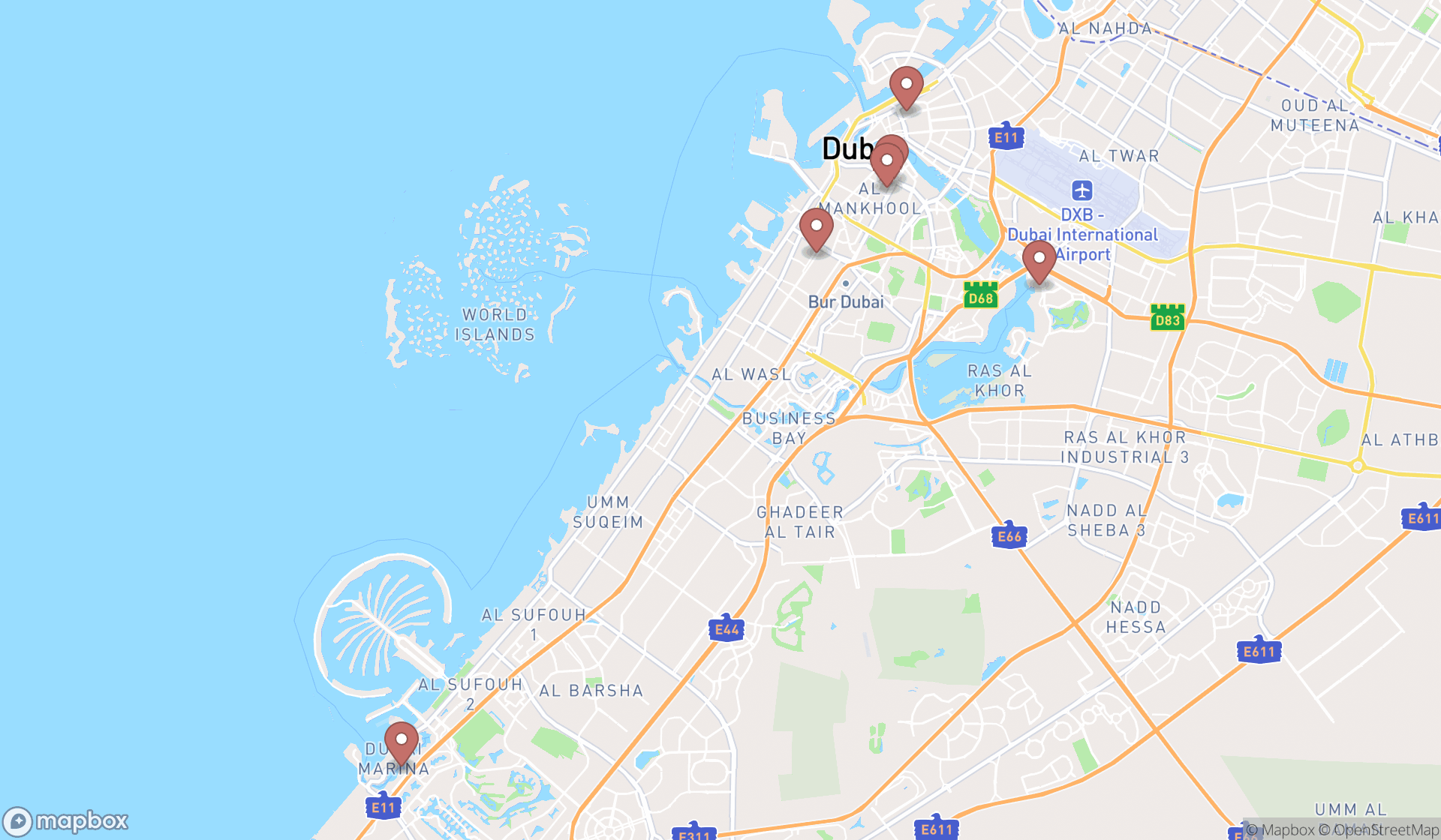 Map showing the search results in Dubai