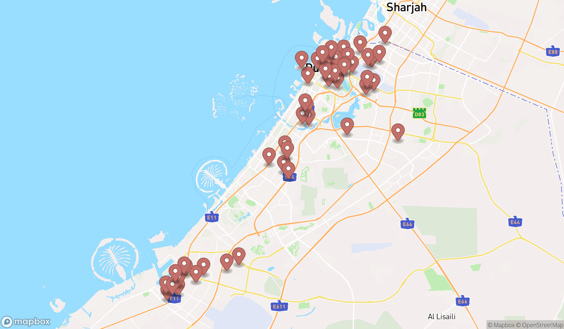 Map showing the search results in Dubai
