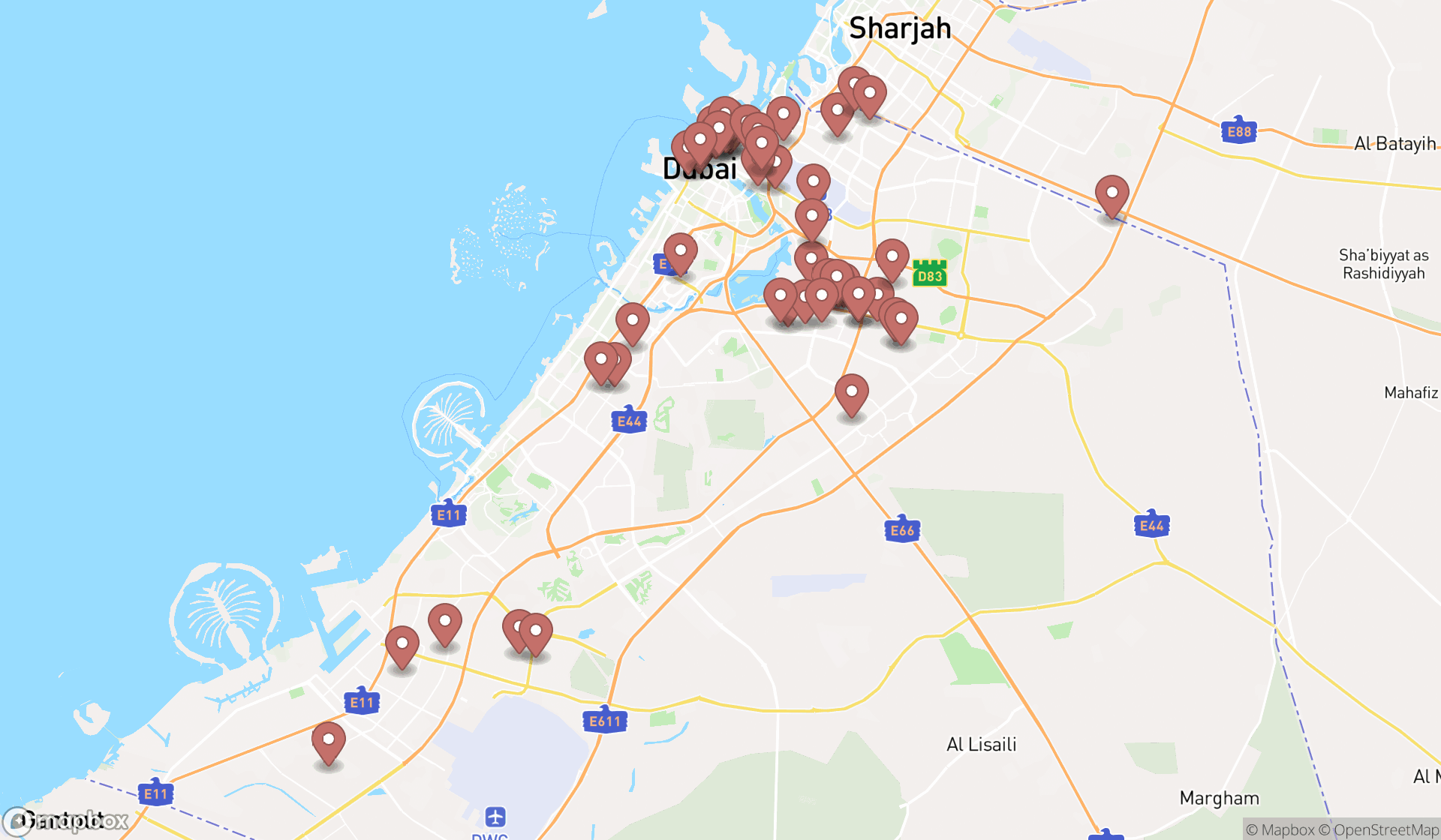 Map showing the search results in Dubai