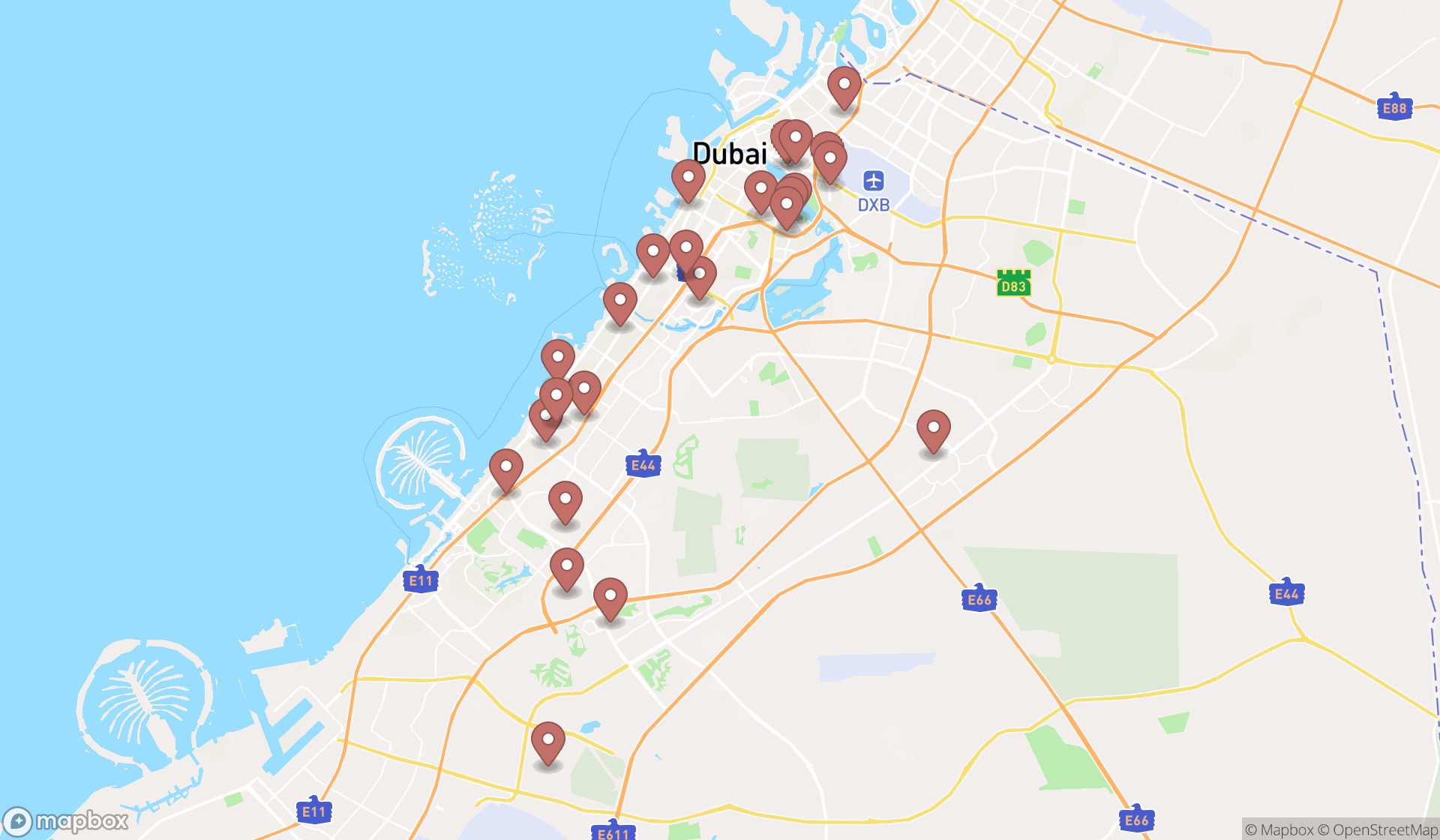 Map showing the search results in Dubai