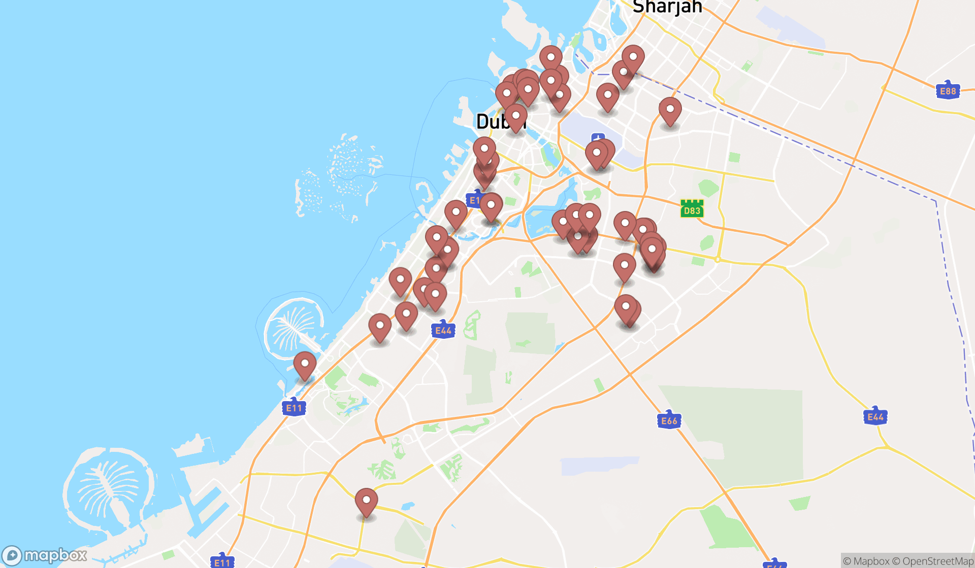 Map showing the search results in Dubai