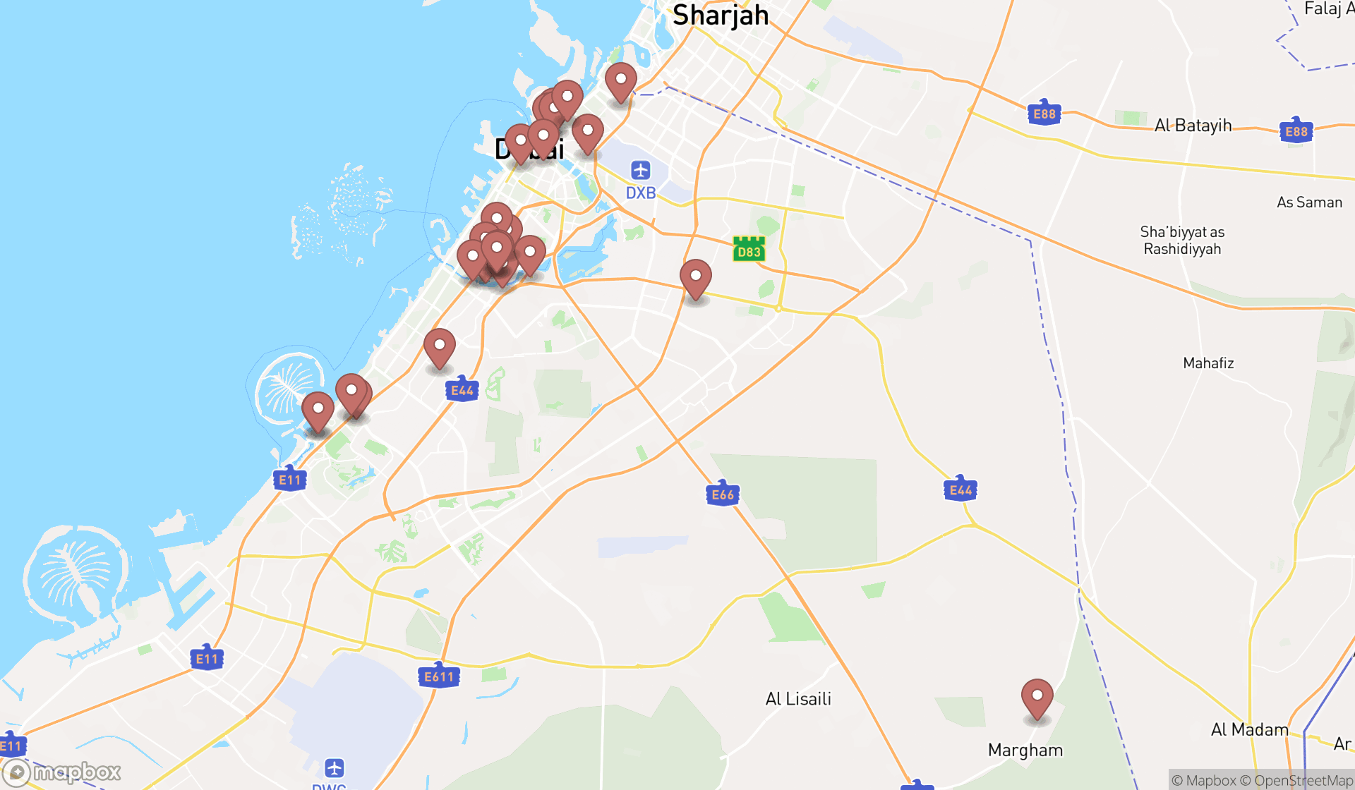 Map showing the search results in Dubai