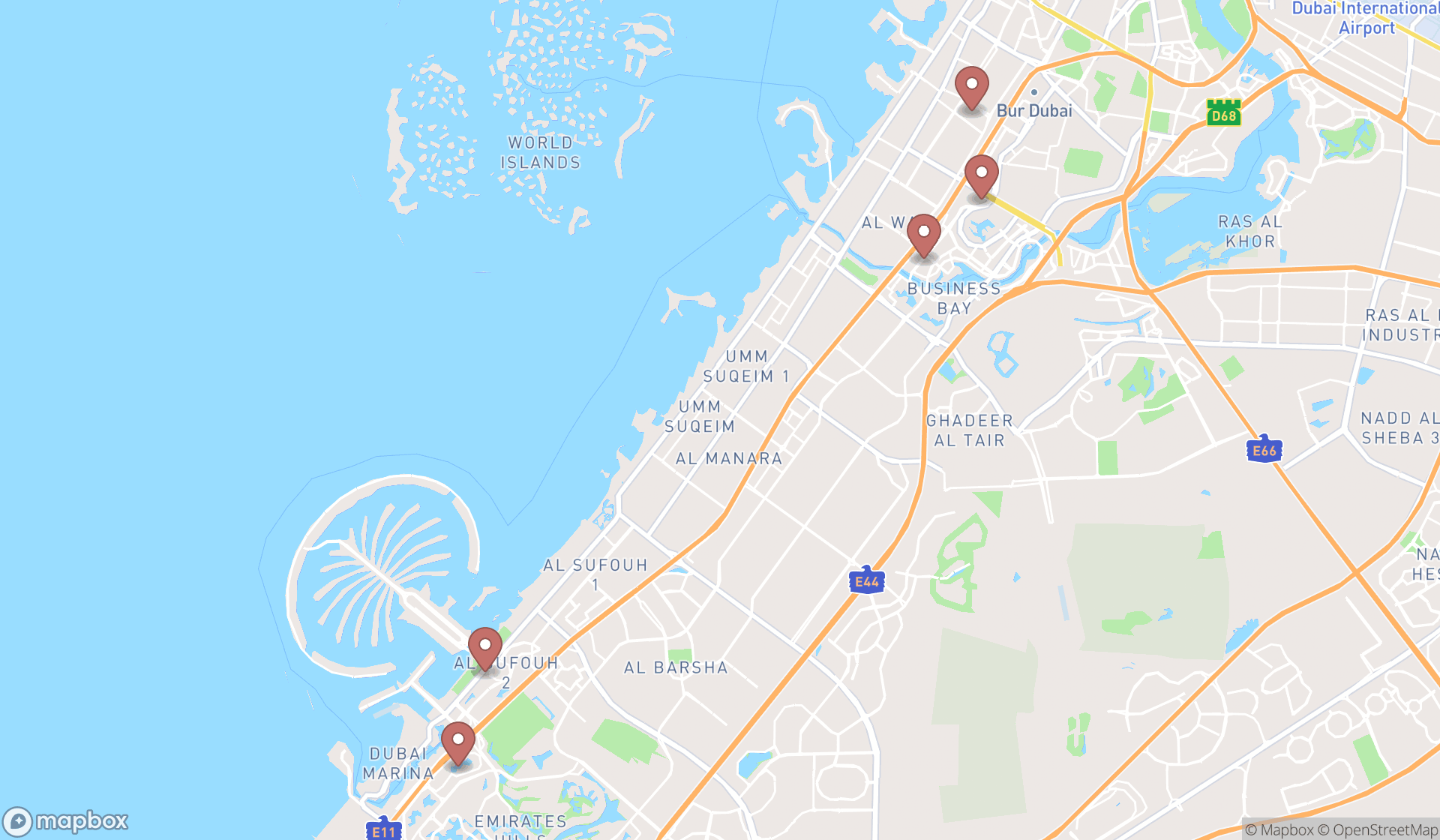 Map showing the search results in Dubai