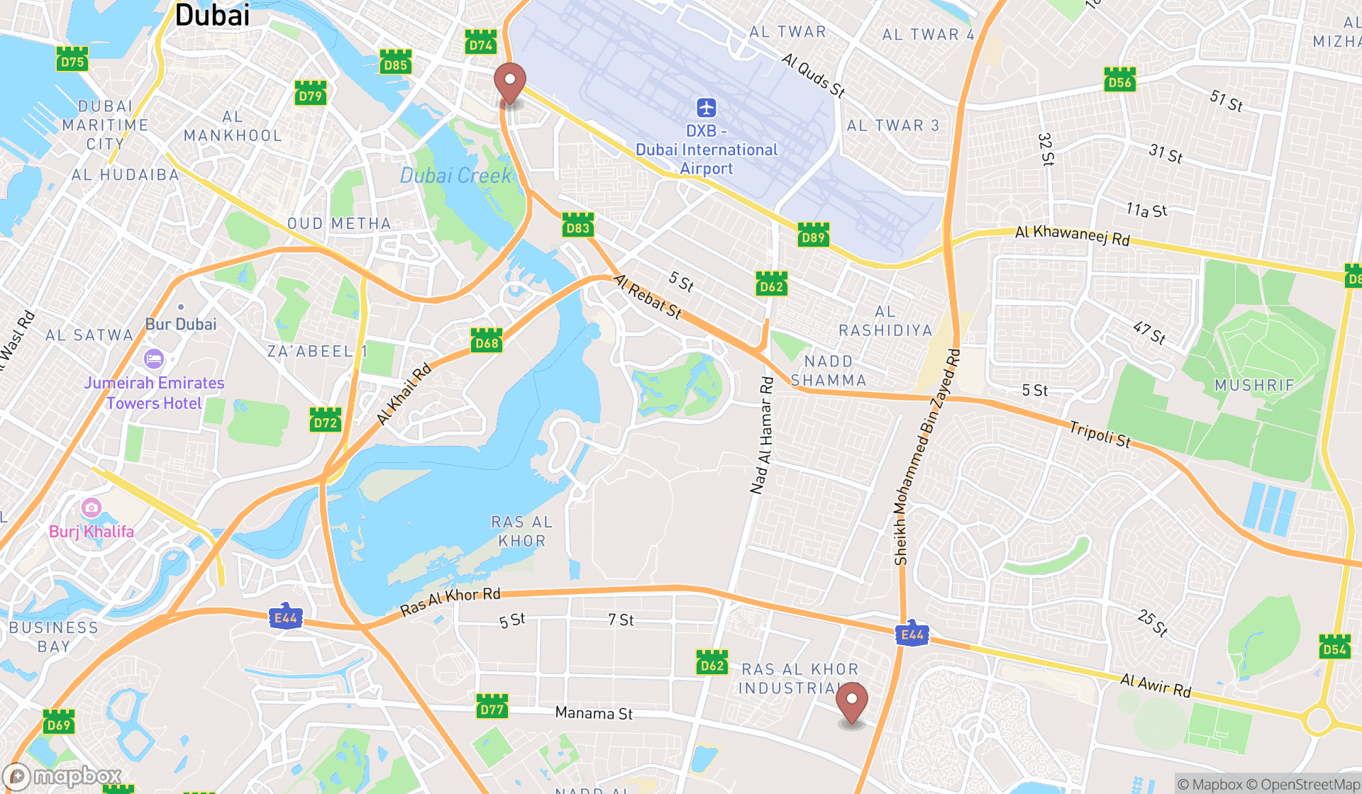 Map showing the search results in Dubai