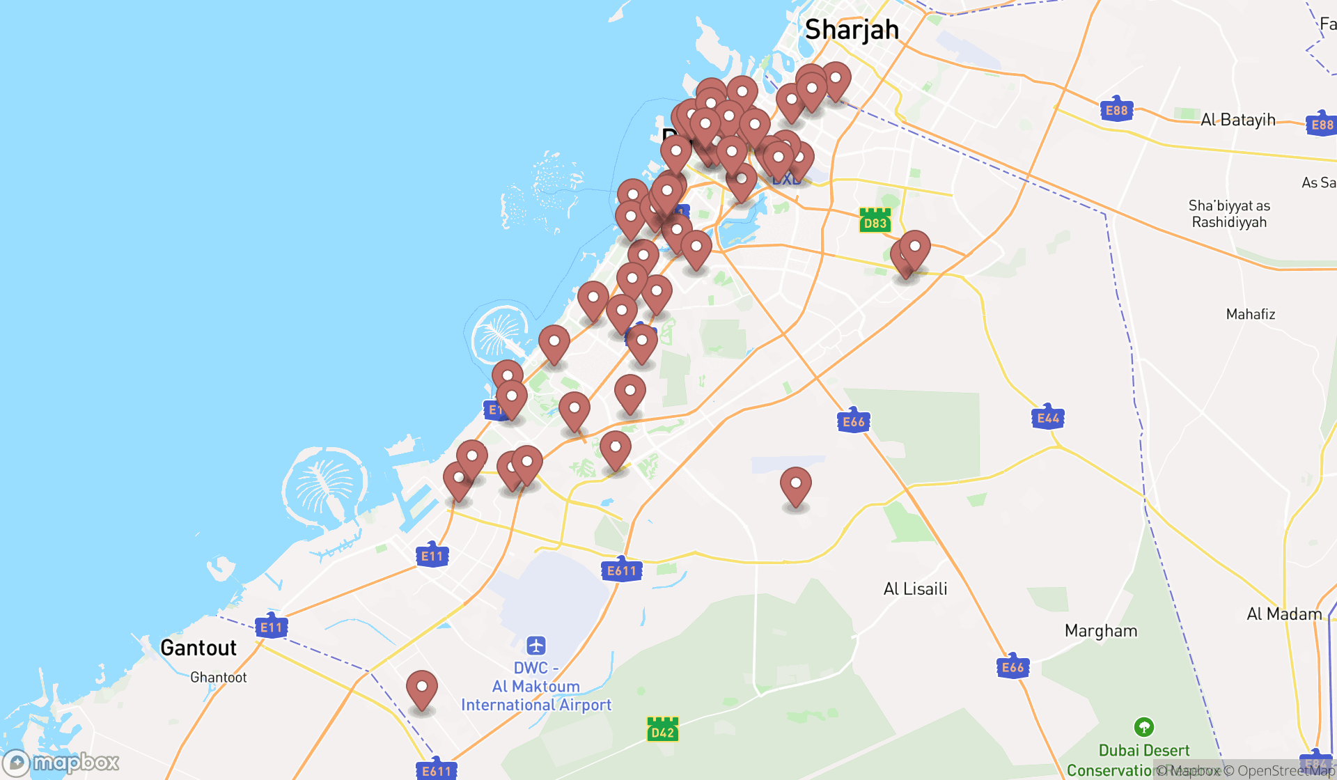 Map showing the search results in Dubai