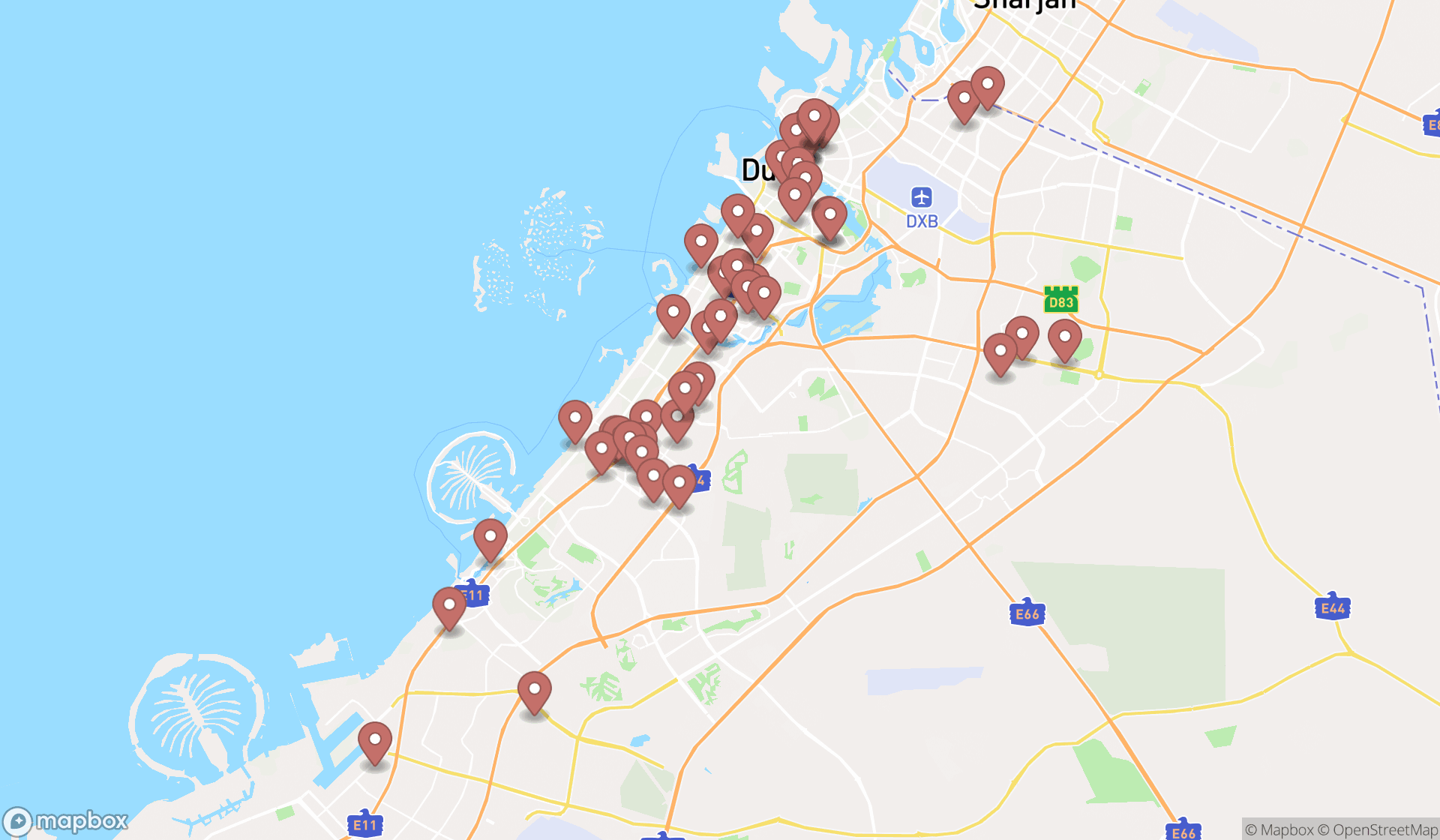 Map showing the search results in Dubai