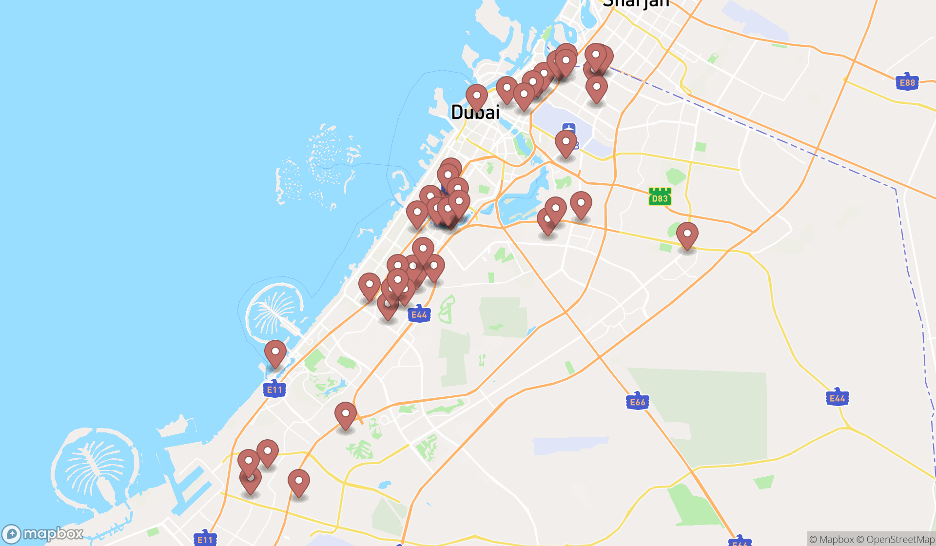 Map showing the search results in Dubai