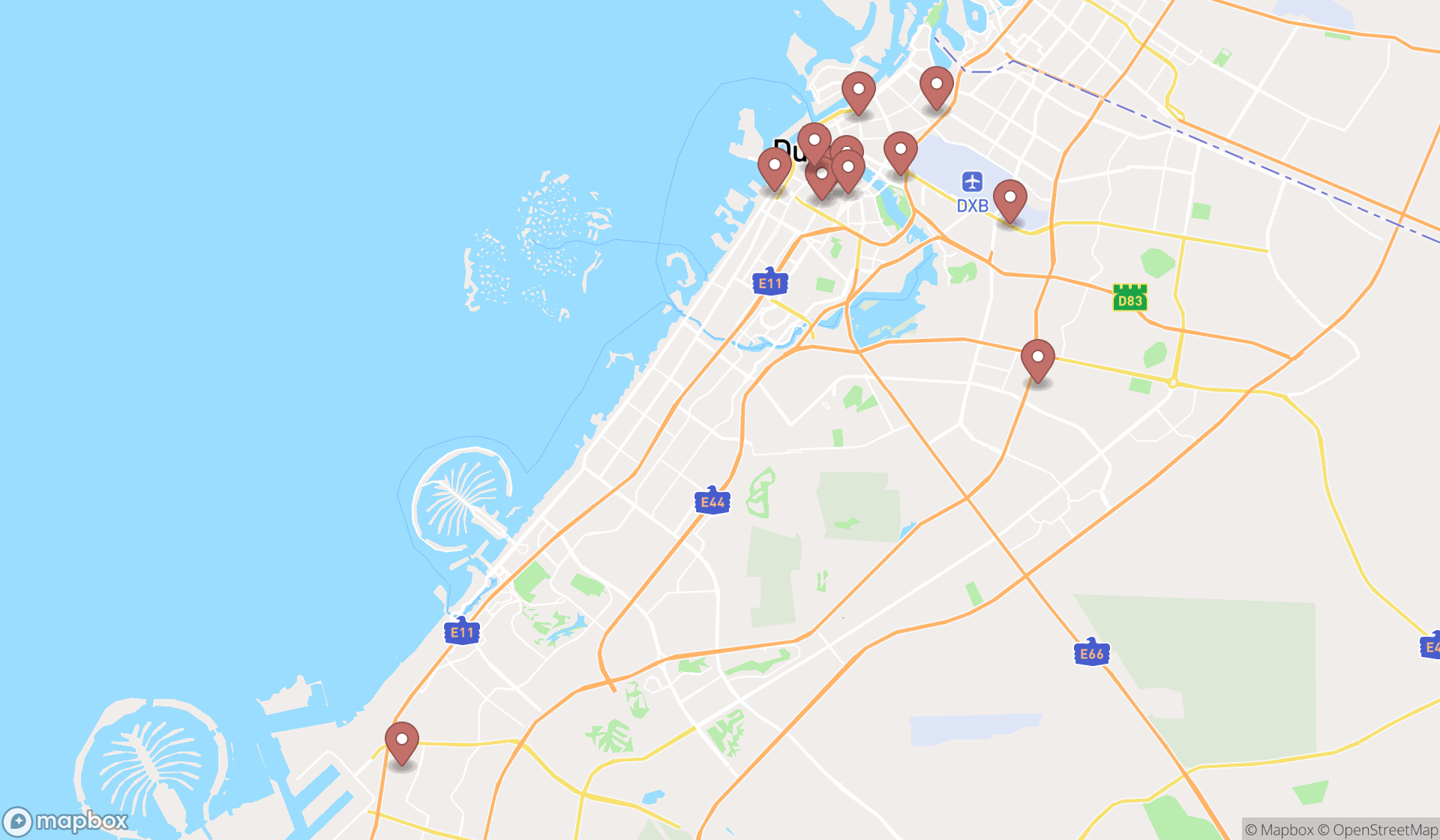 Map showing the search results in Dubai