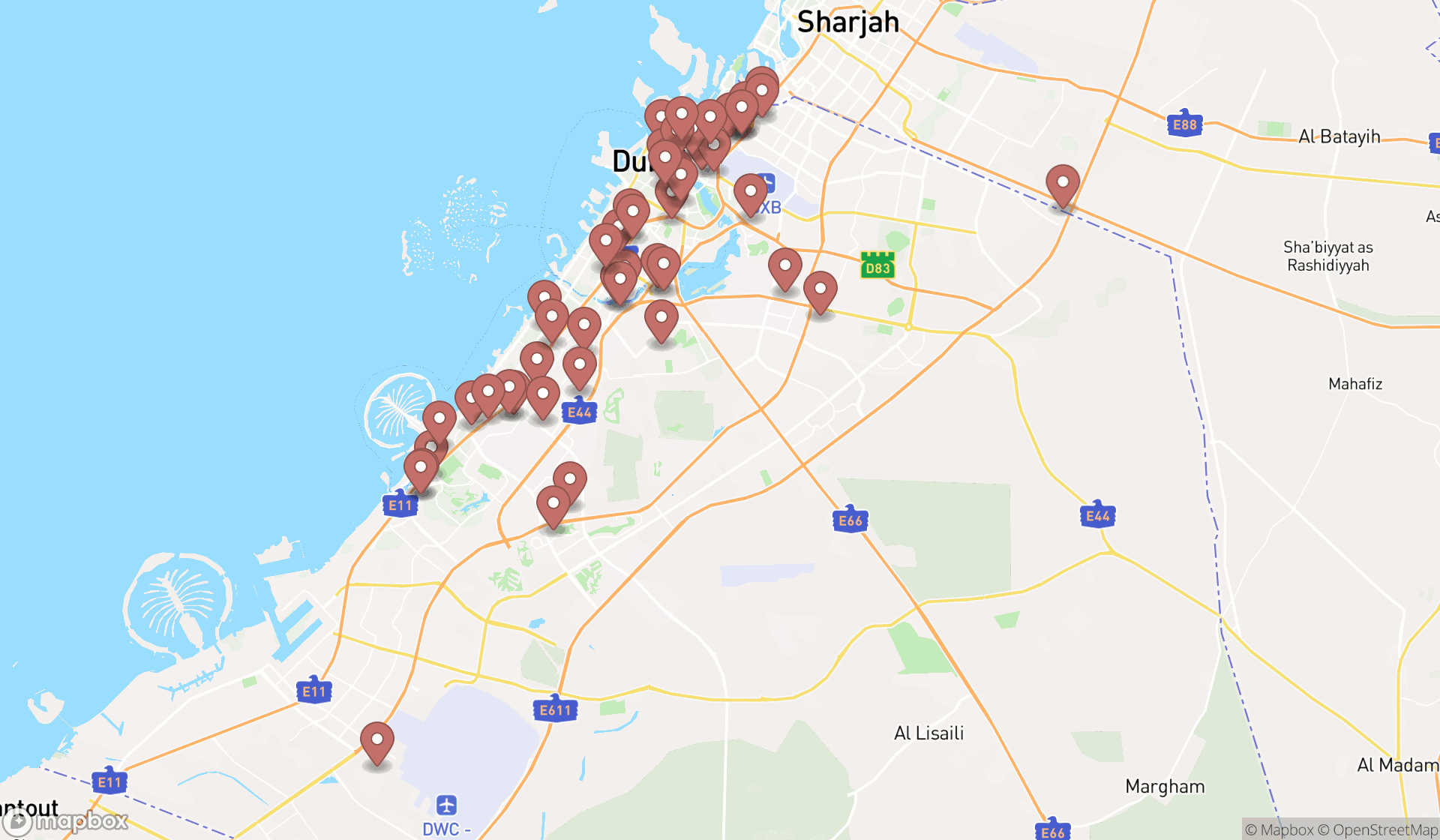 Map showing the search results in Dubai