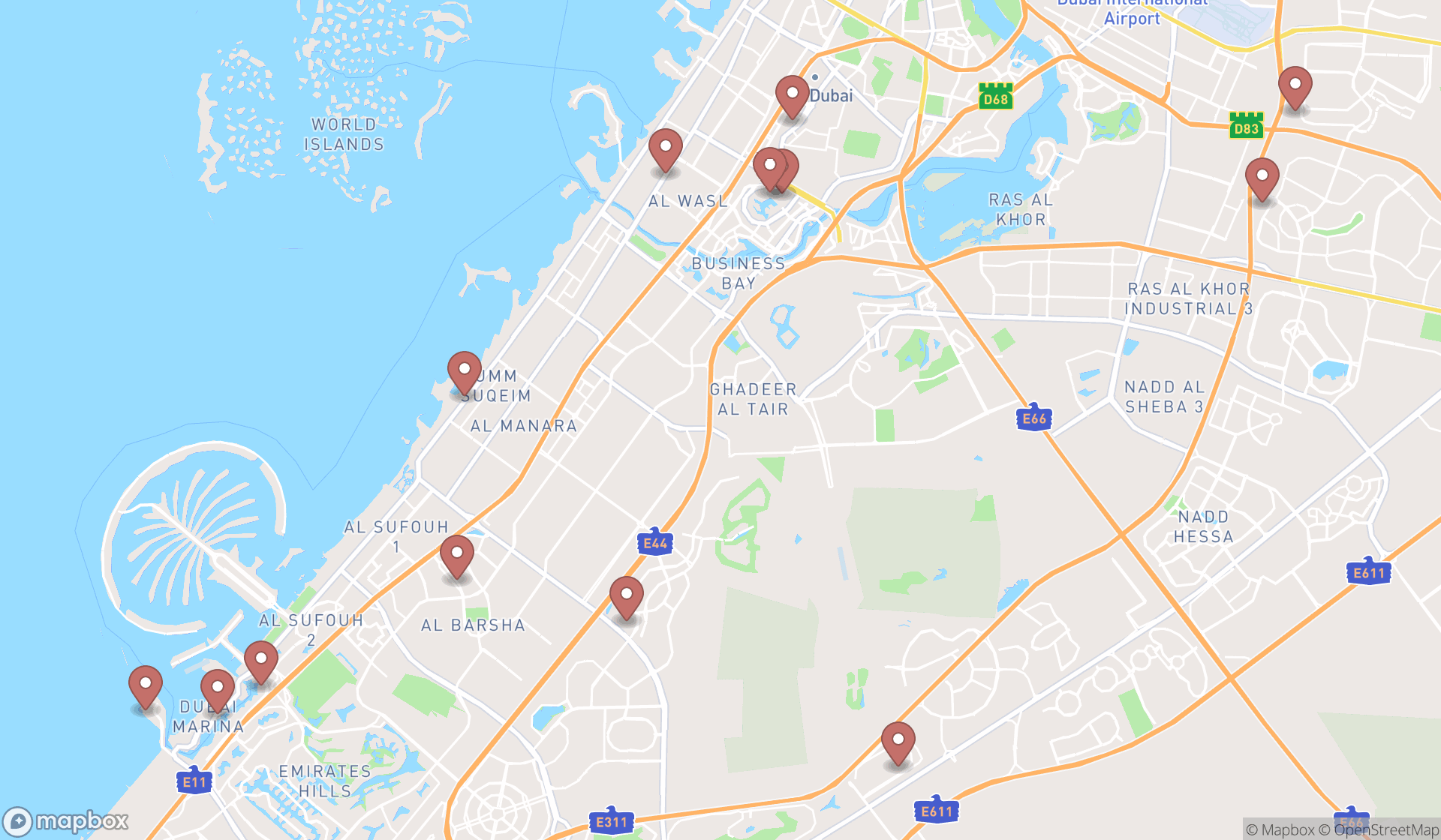 Map showing the search results in Dubai