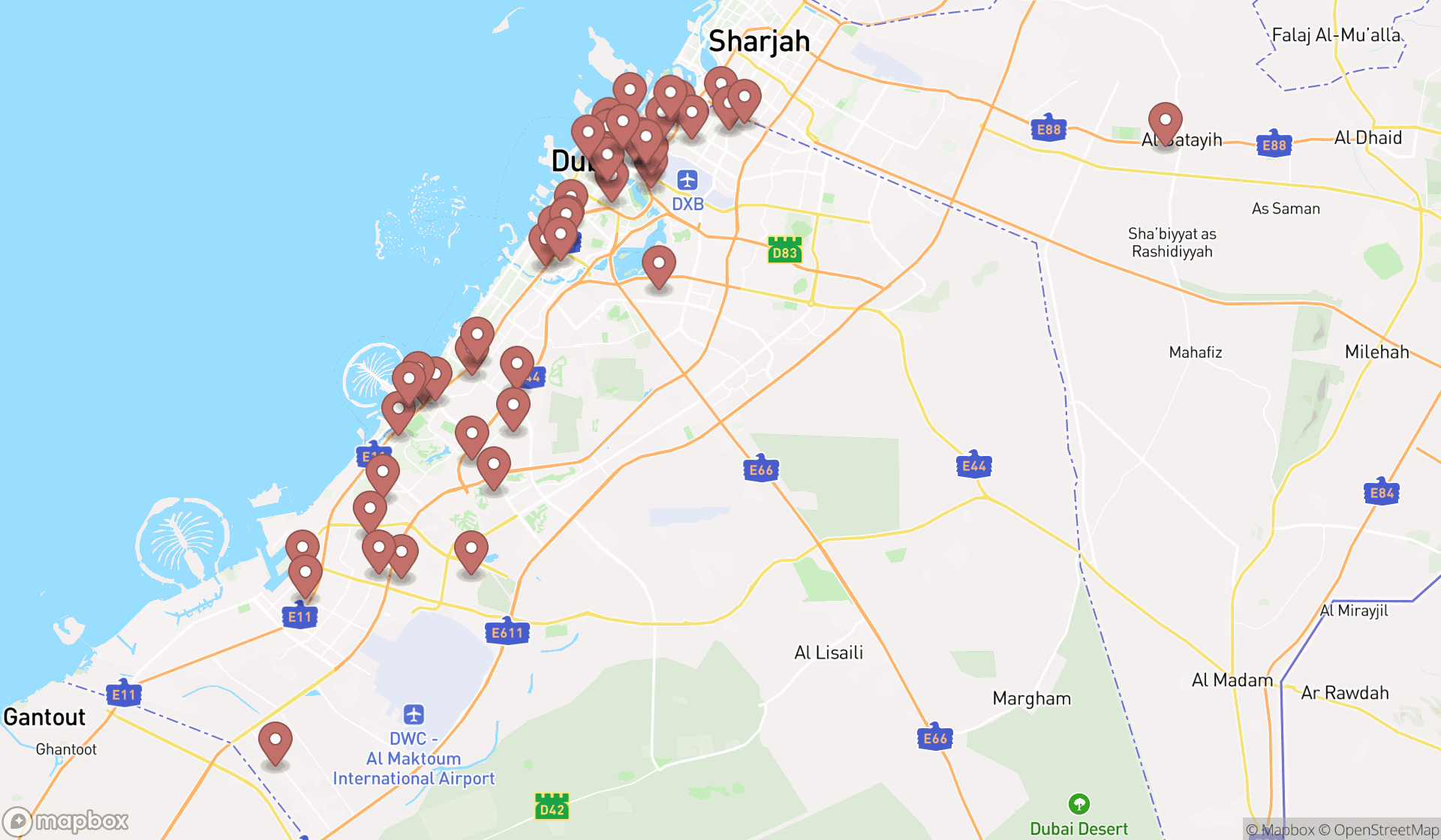 Map showing the search results in Dubai