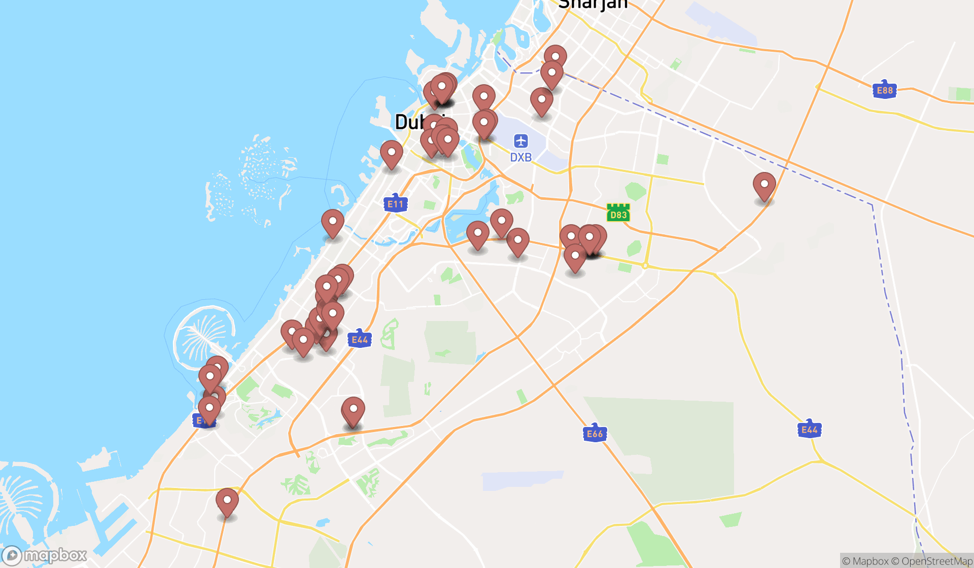 Map showing the search results in Dubai