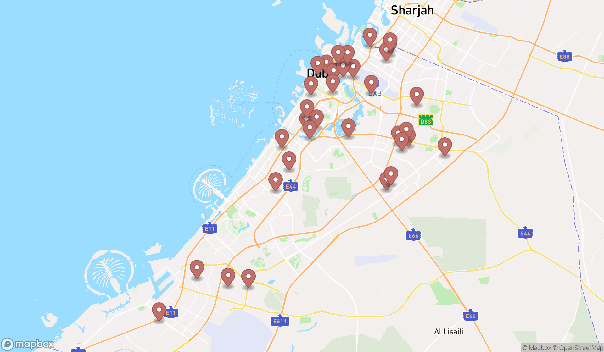 Map showing the search results in Dubai