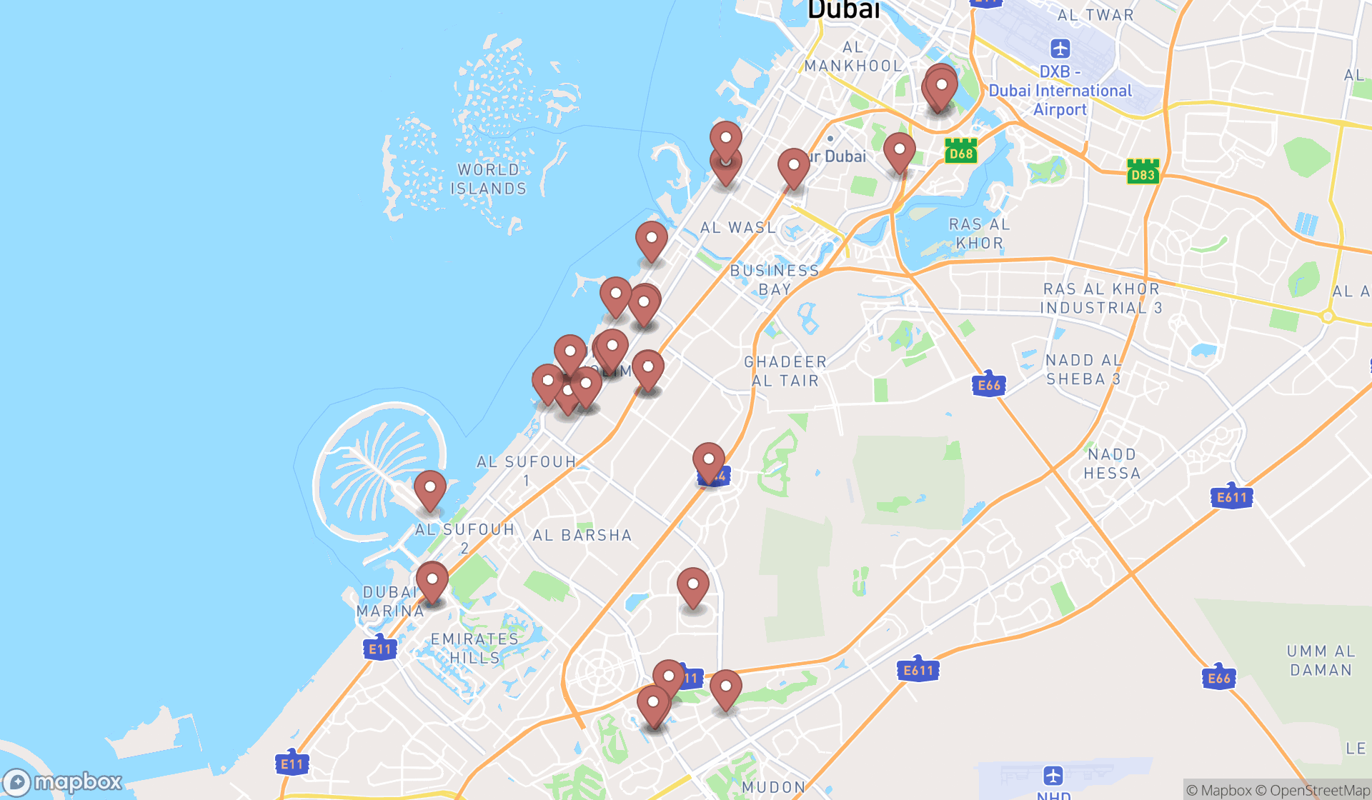 Map showing the search results in Dubai
