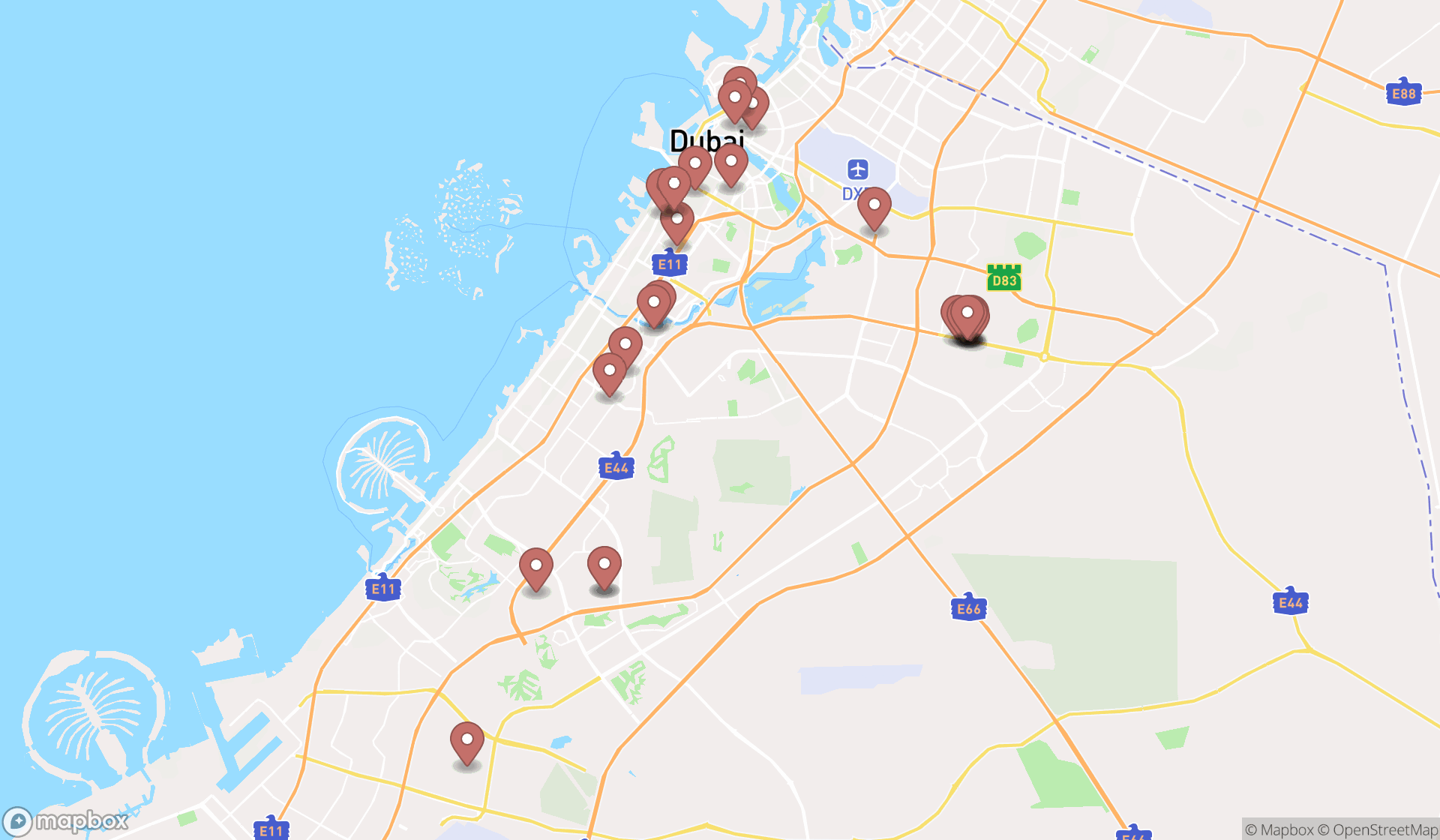 Map showing the search results in Dubai