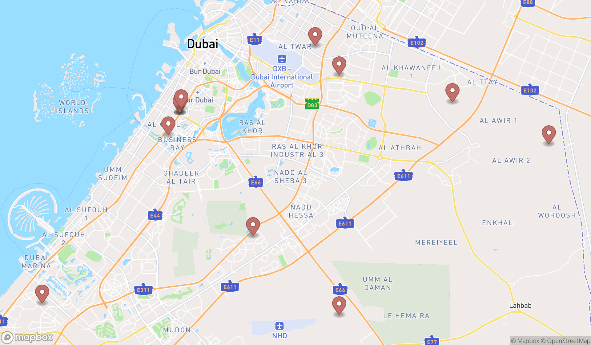 Map showing the search results in Dubai
