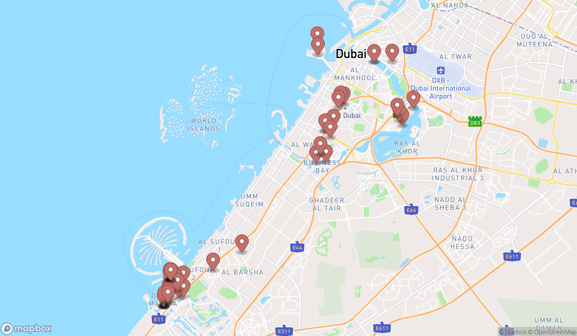 Map showing the search results in Dubai