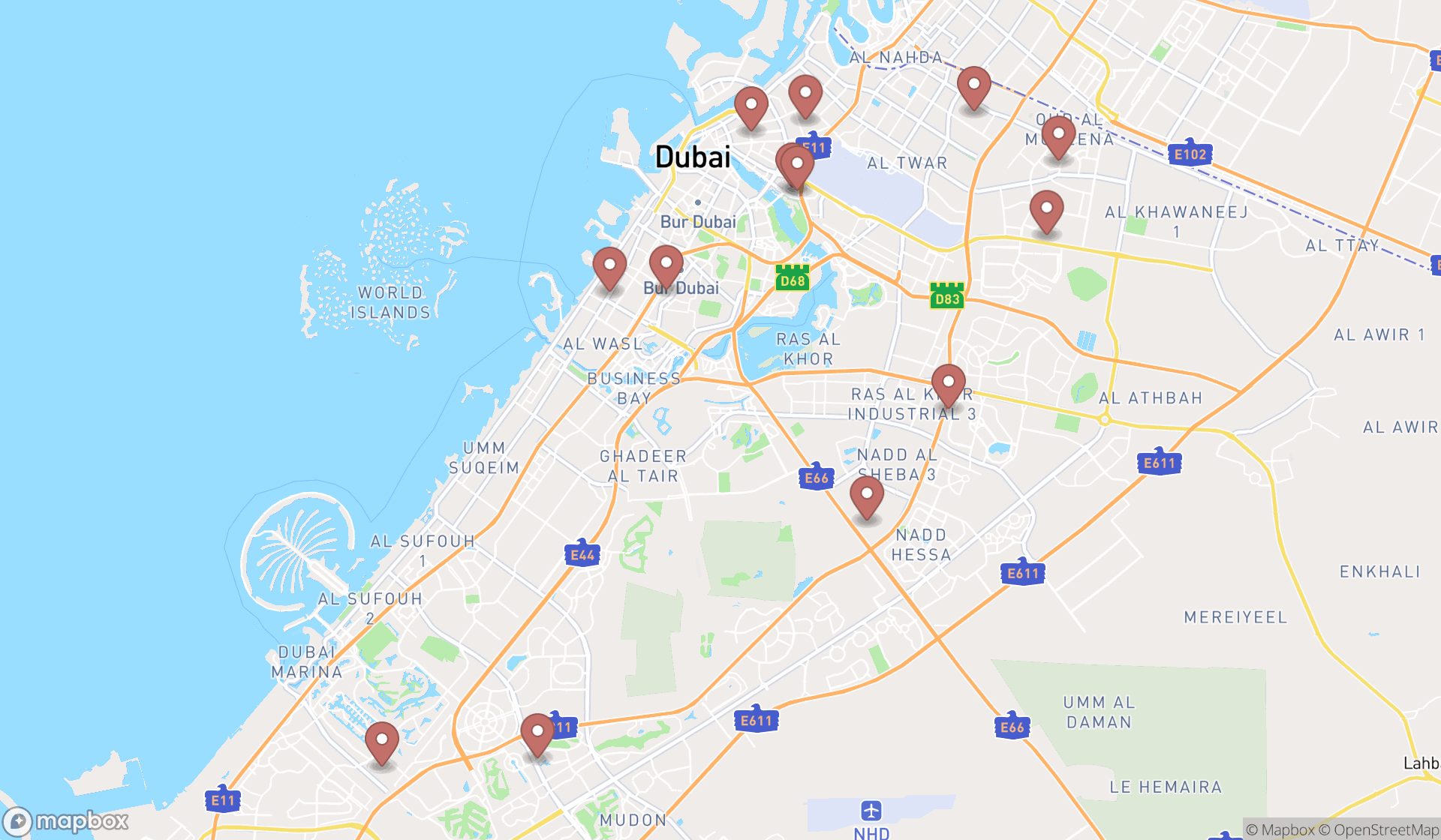 Map showing the search results in Dubai