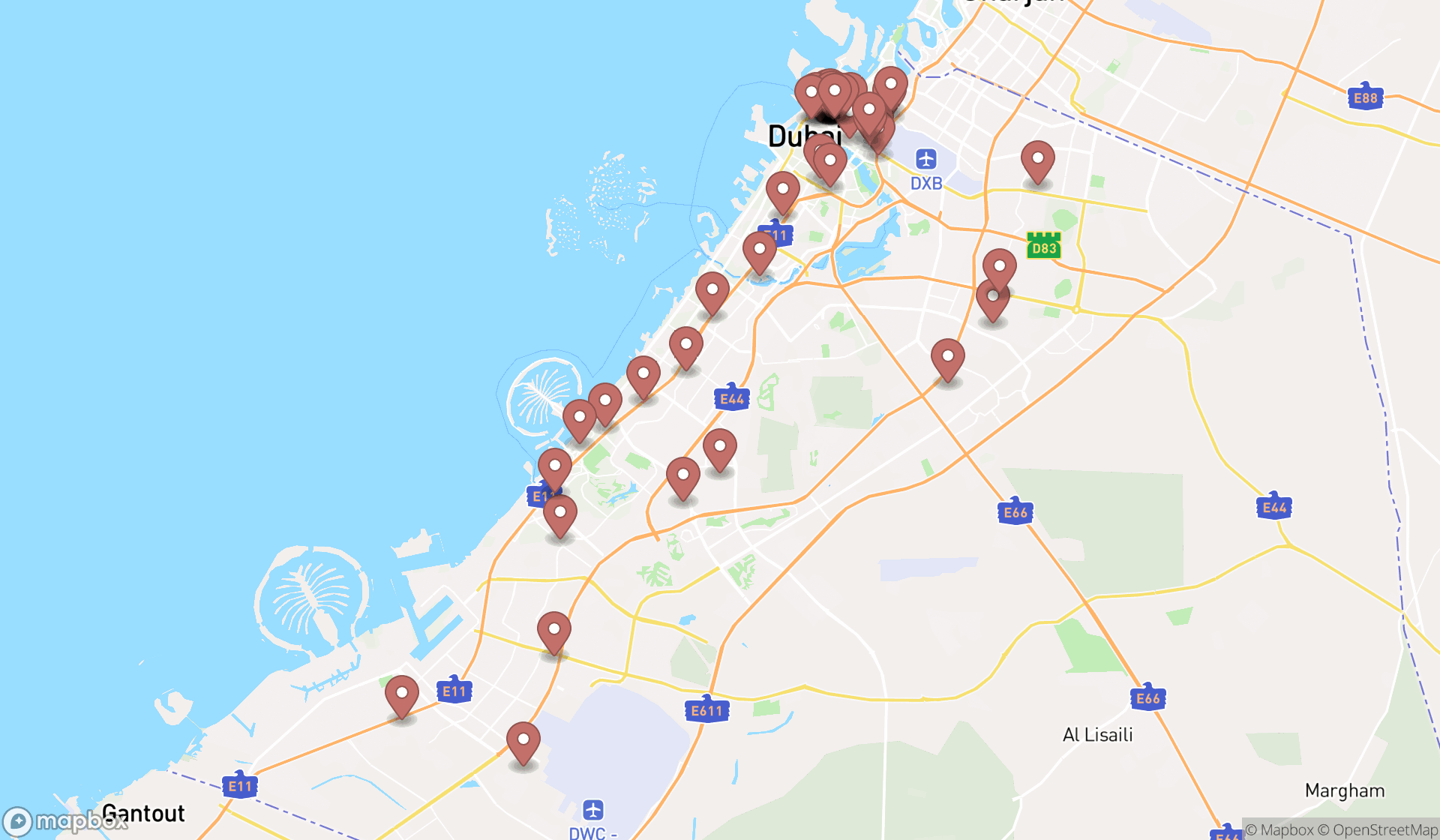 Map showing the search results in Dubai