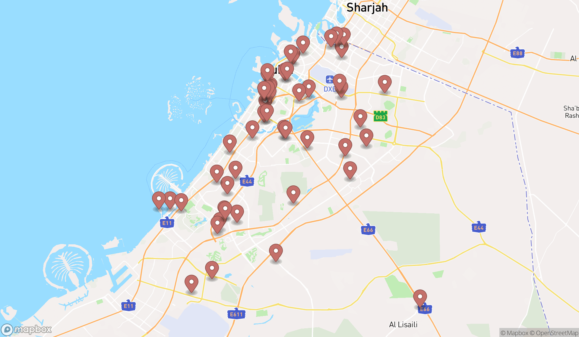 Map showing the search results in Dubai