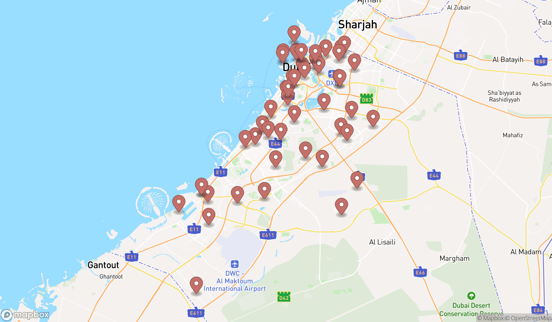 Map showing the search results in Dubai