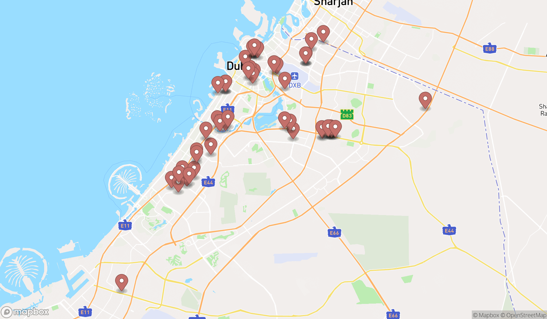 Map showing the search results in Dubai