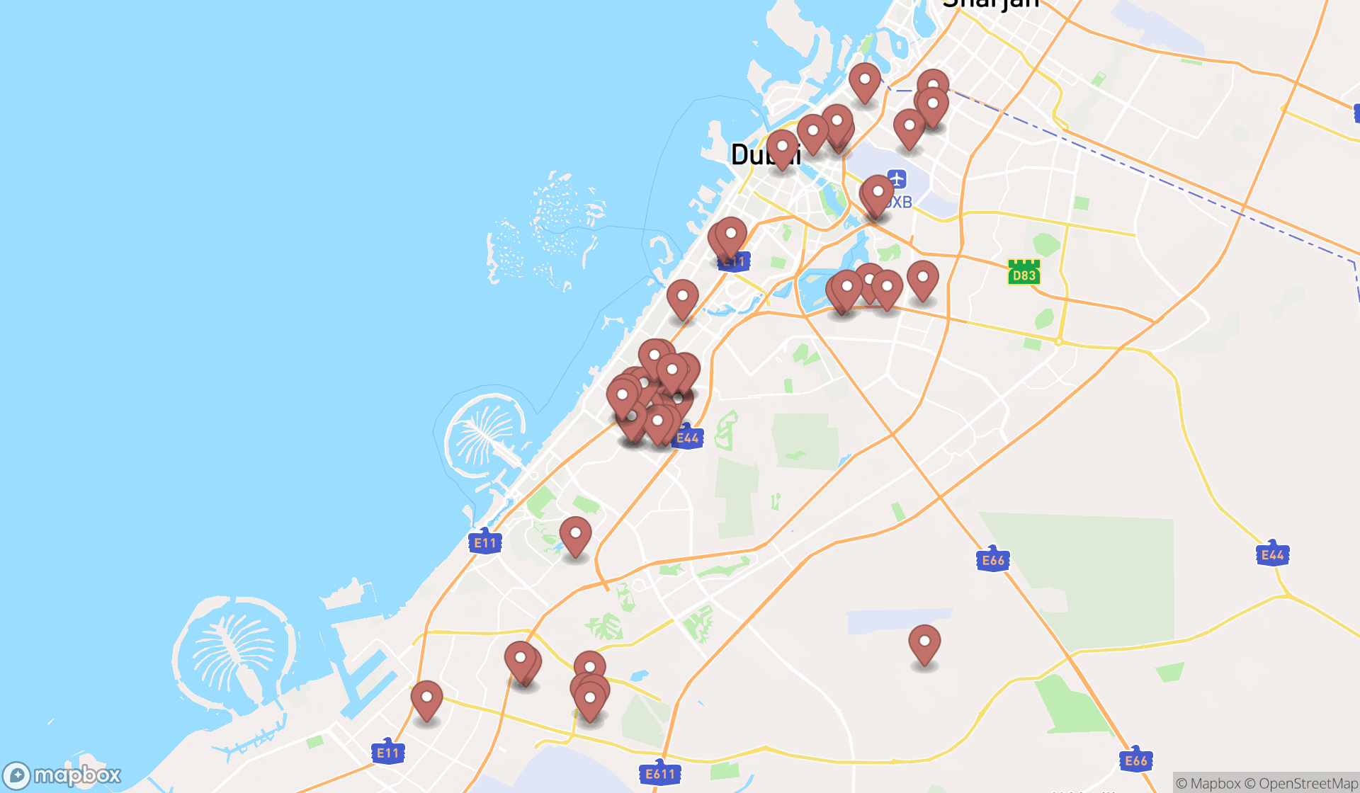 Map showing the search results in Dubai